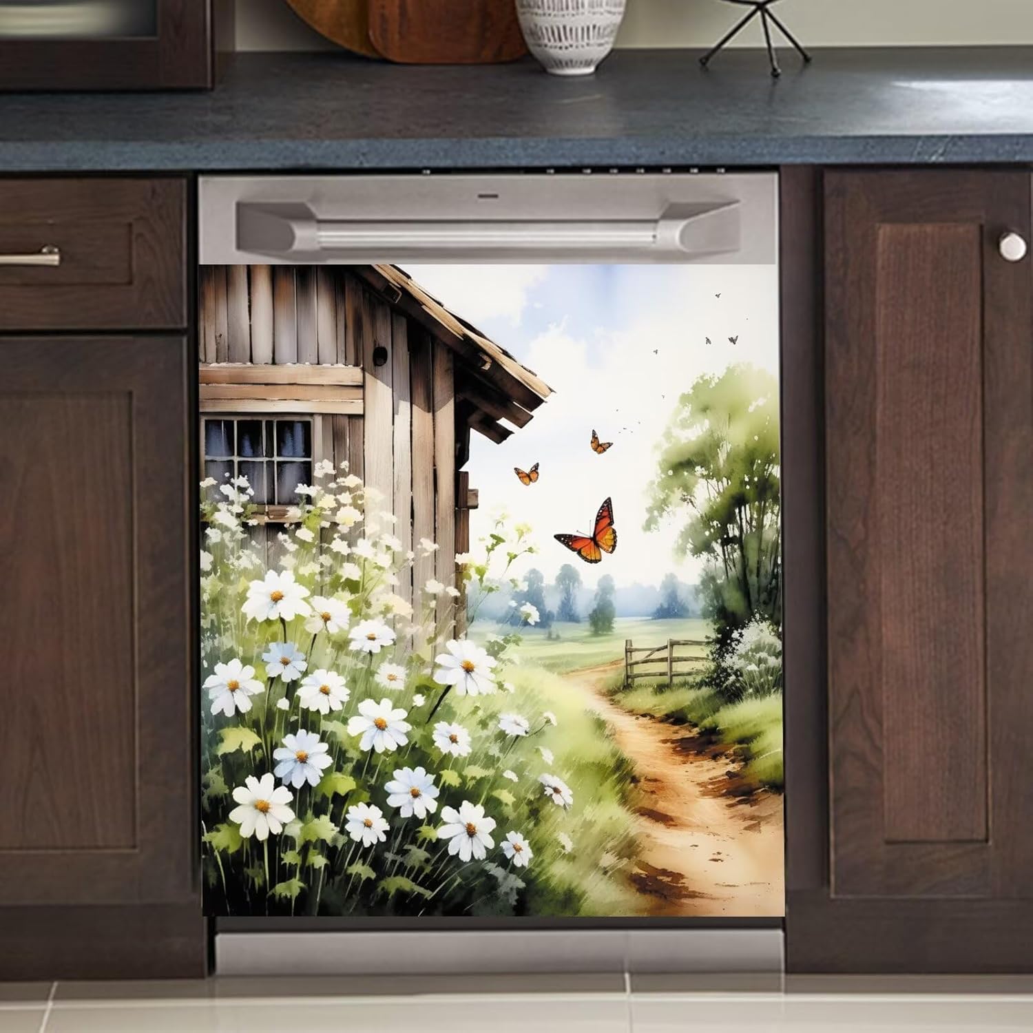 Farmhouse Landscape Dishwasher Decor,Country Barn Kitchen Decorative Refrigerator Door Sheet 23"x17" Dishwasher Cover Magnet Butterfly Sticker,Watercolor Decal