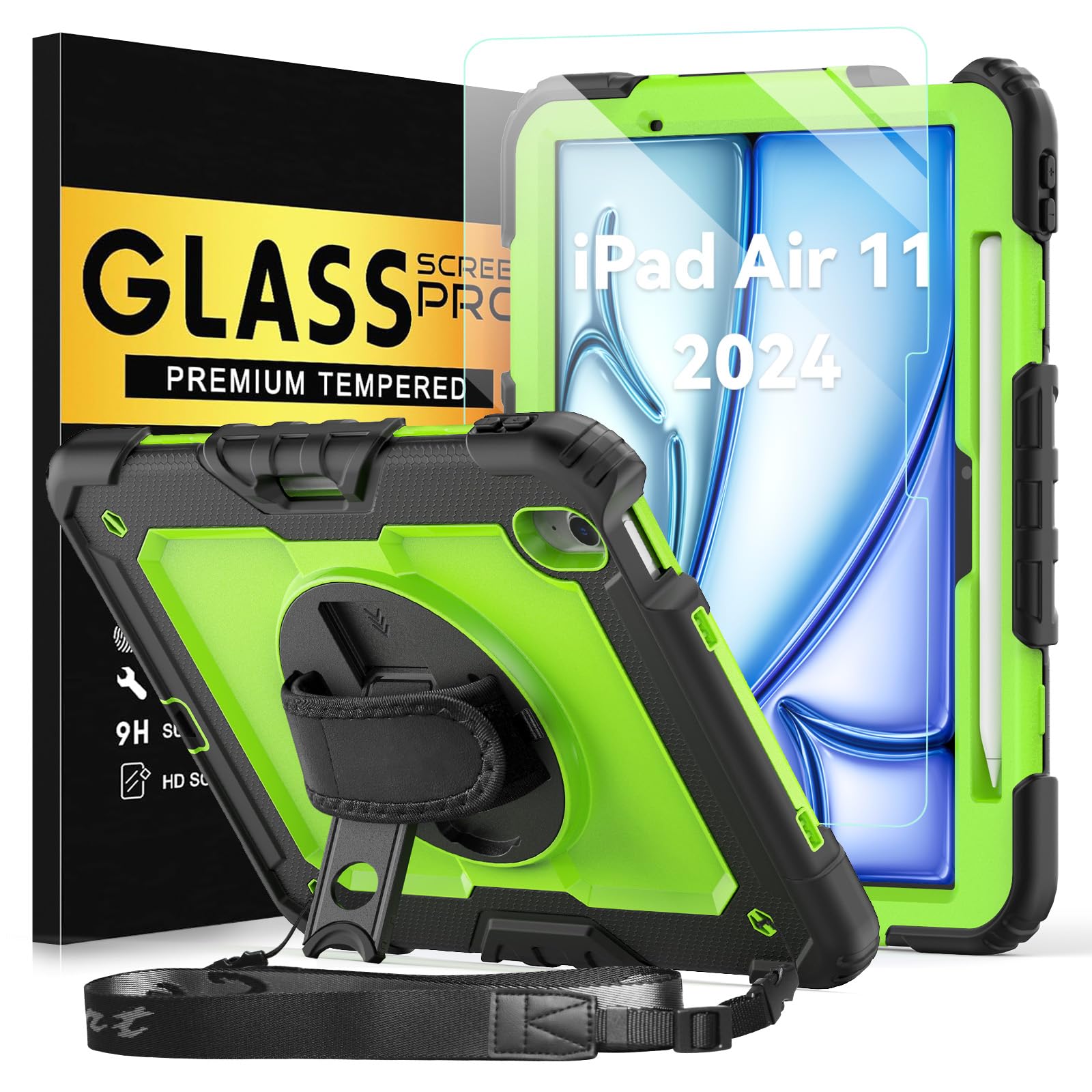 BLOSOMEET Protective Case for iPad Air 11 Inch 2025 M3 & 2024 M2 with Tempered Glass Screen Protector & Pencil Holder, Stand, Hand Shoulder Strap, Green