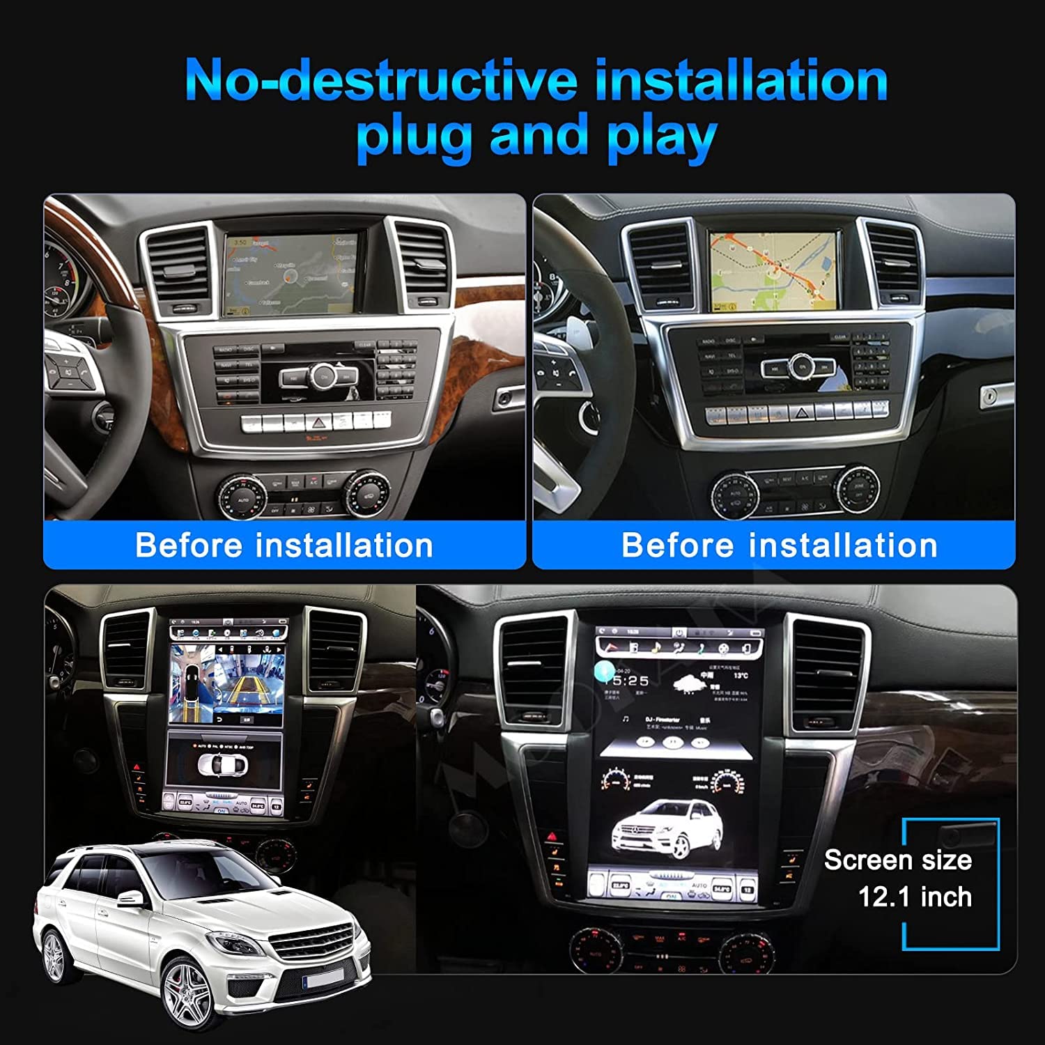 Radio samochodowe z systemem Android 15 do M-ercedes Benz GL ML W164 X164 2012-2016 Nawigacja GPS 12,1" ekran dotykowy MP5 Odtwarzacz multimedialny Odbiornik wideo z WiFi 4G DSP Carplay,8core 4 + 64