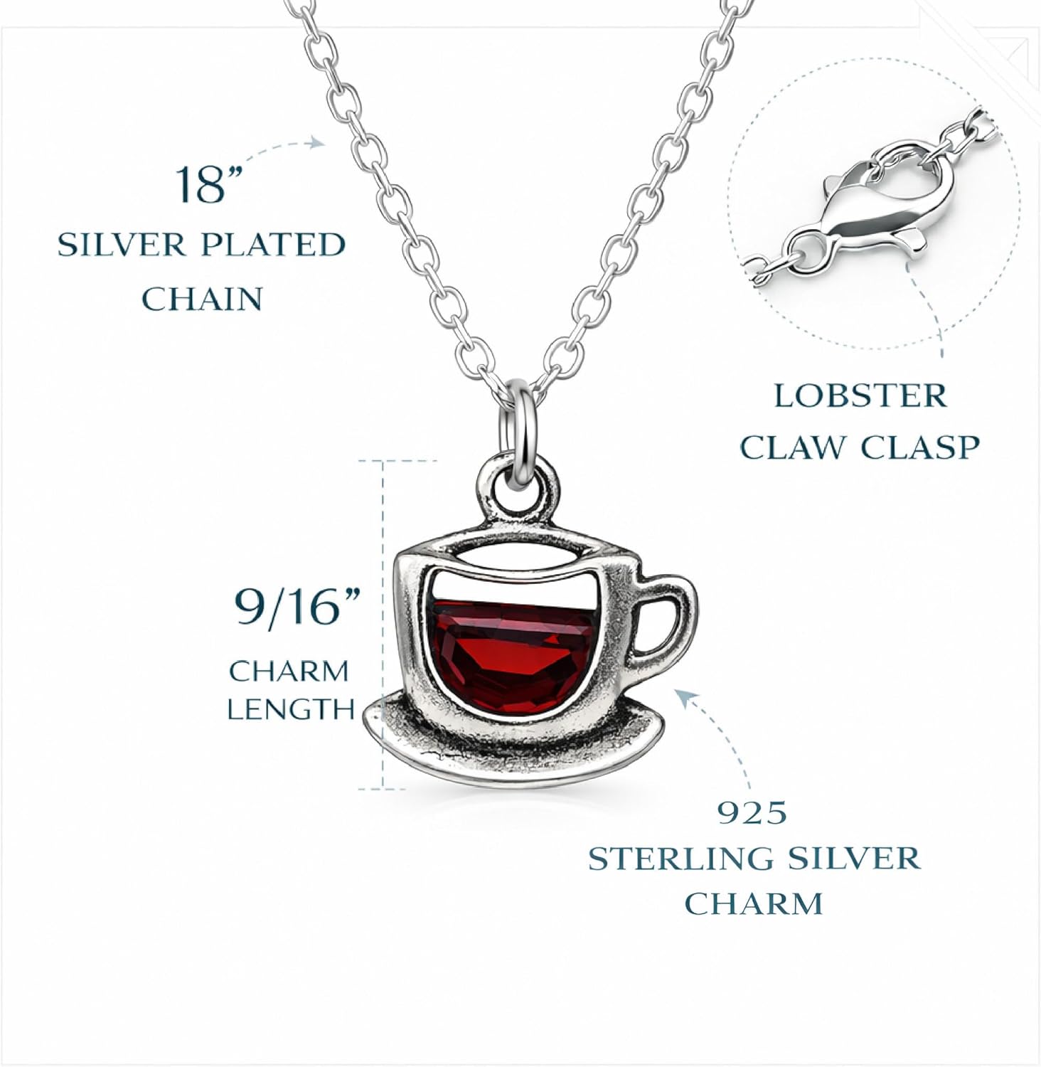 Coffee Cup Teacup Charm Necklace for Women, Sterling Silver Dainty Handmade Necklace with Red Cubic Zirconia CZ, Coffee Lover Barista Caffeine Pendant, Everyday Minimal Layering Jewelry, 18" - Image 3