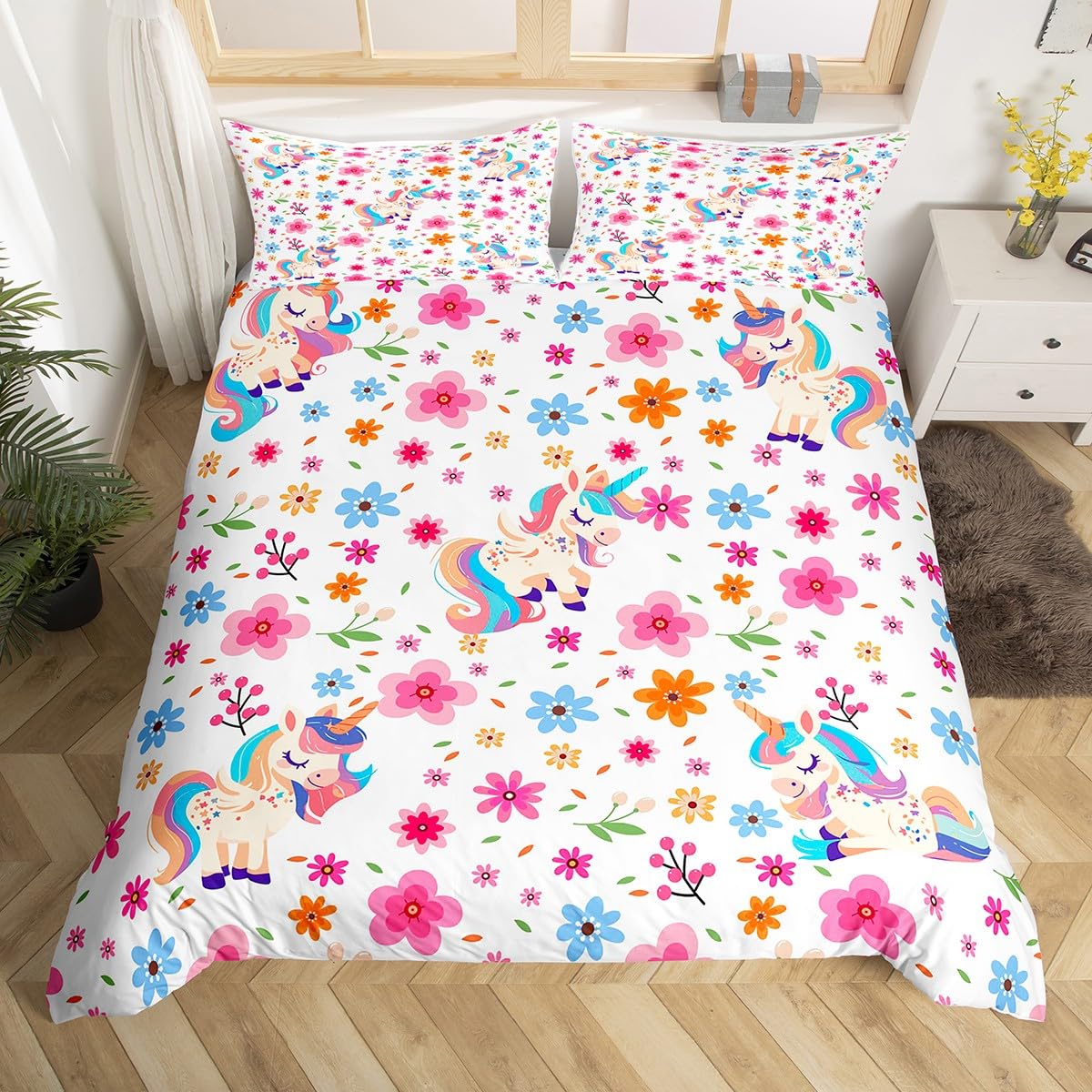 Homewish Kids Unicorn Double Bedding Sets for Boys Girls Pink Flower Floral Duvet Cover, Colorful Polka Dots Reversible Bed Set Jungle Animal Comforter Cover, Woodland Wildlife Bed Cover