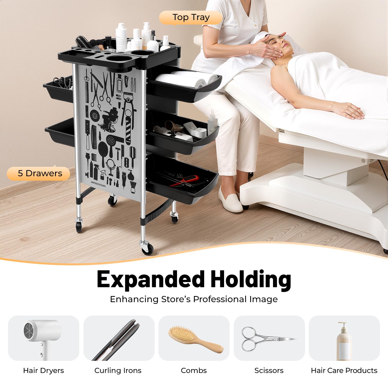 Chariot de coiffeur 5 tiroirs 6 étages - Chariot de travail pour salon de beauté - Blanc