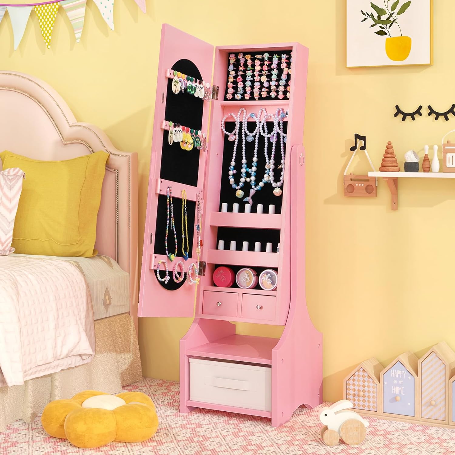 HONEY JOY Kids Jewelry Armoire Cabinet, 41.5" Standing Wooden Standing Jewelry Organizer with Full-length Mirror and Storage Box, Children Dress Up Vanity Jewelry Cabinet for Little Girls (Pink)