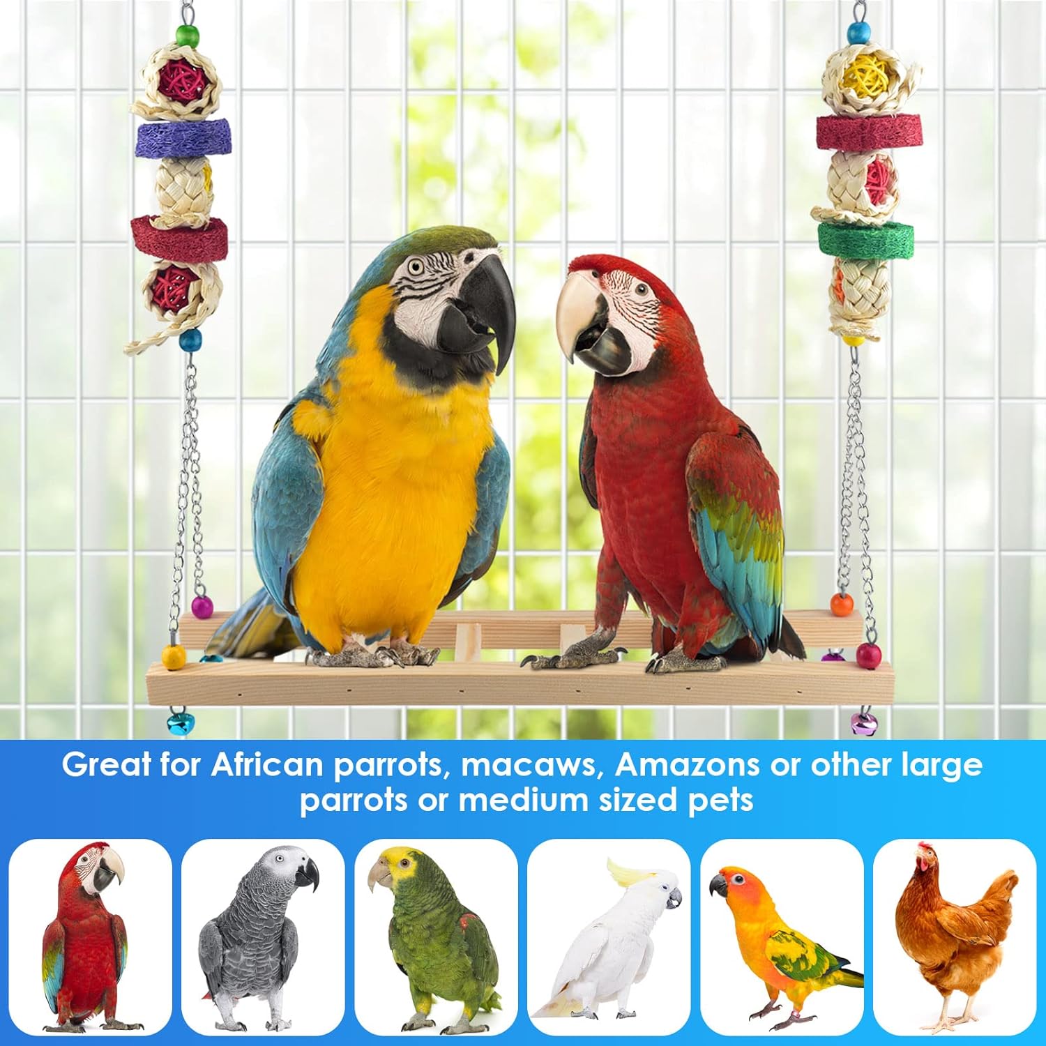 ERKOON Chicken Swing Ladder Toys with Natural Wooden Chicken Perch, Chicken Wood Stand Toy for Hens, Handmade Chicken Coop Swing Ladder Toys for Bird Parrot Hens Small Parakeets Cockatiels Macaws