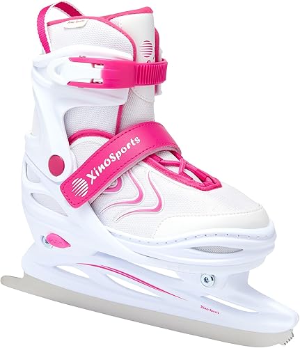Xino Sports - Patines de hielo ajustables para niñas y niños, dos colores impresionante azul y rosado, acolchado suave y soporte reforzado para el