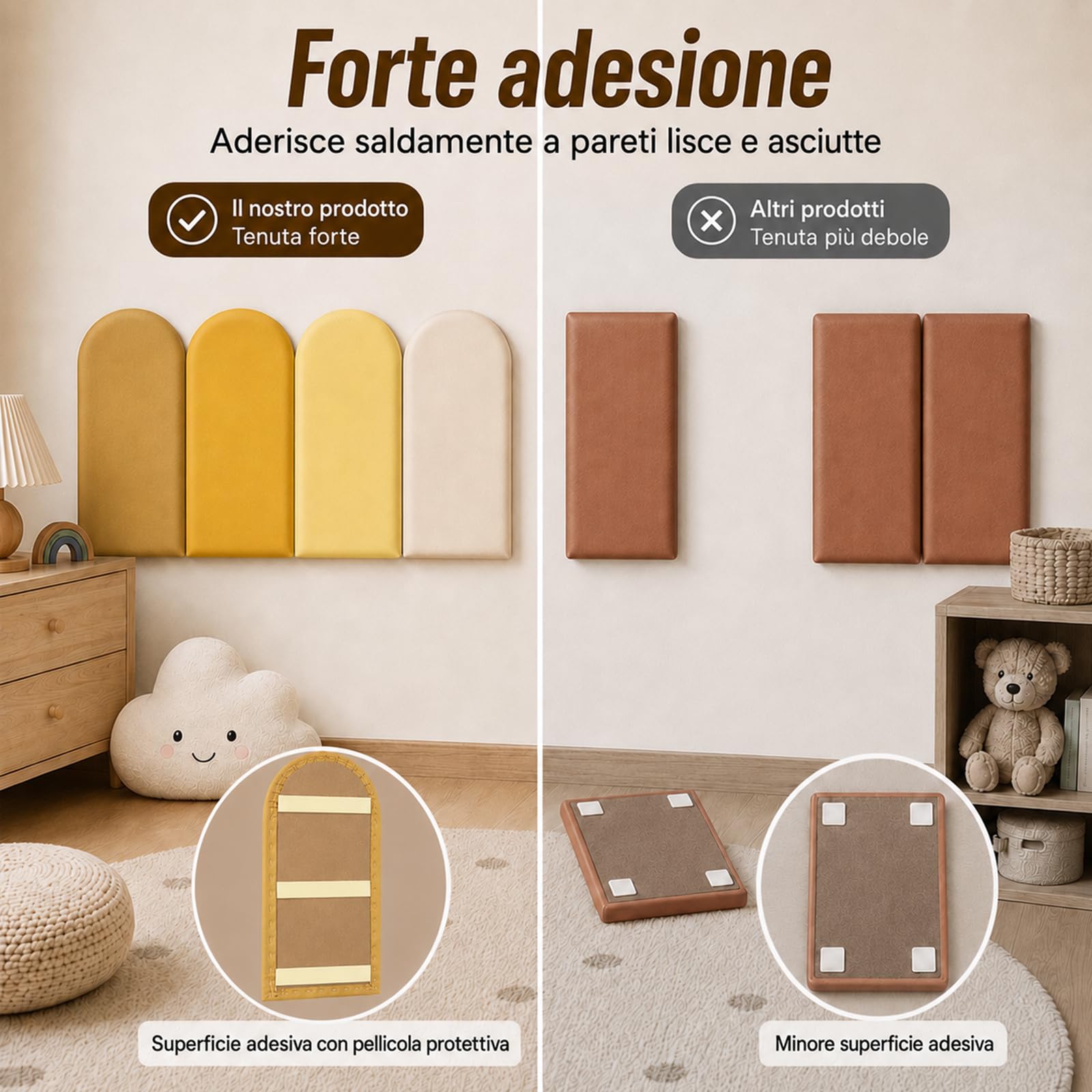 Pannelli da parete 3D, cuscinetti da parete autoadesivi, 4 pezzi, 20 x 40 cm, in poliuretano, impermeabili, per camera da letto, cameretta dei bambini (tonalità giallo)