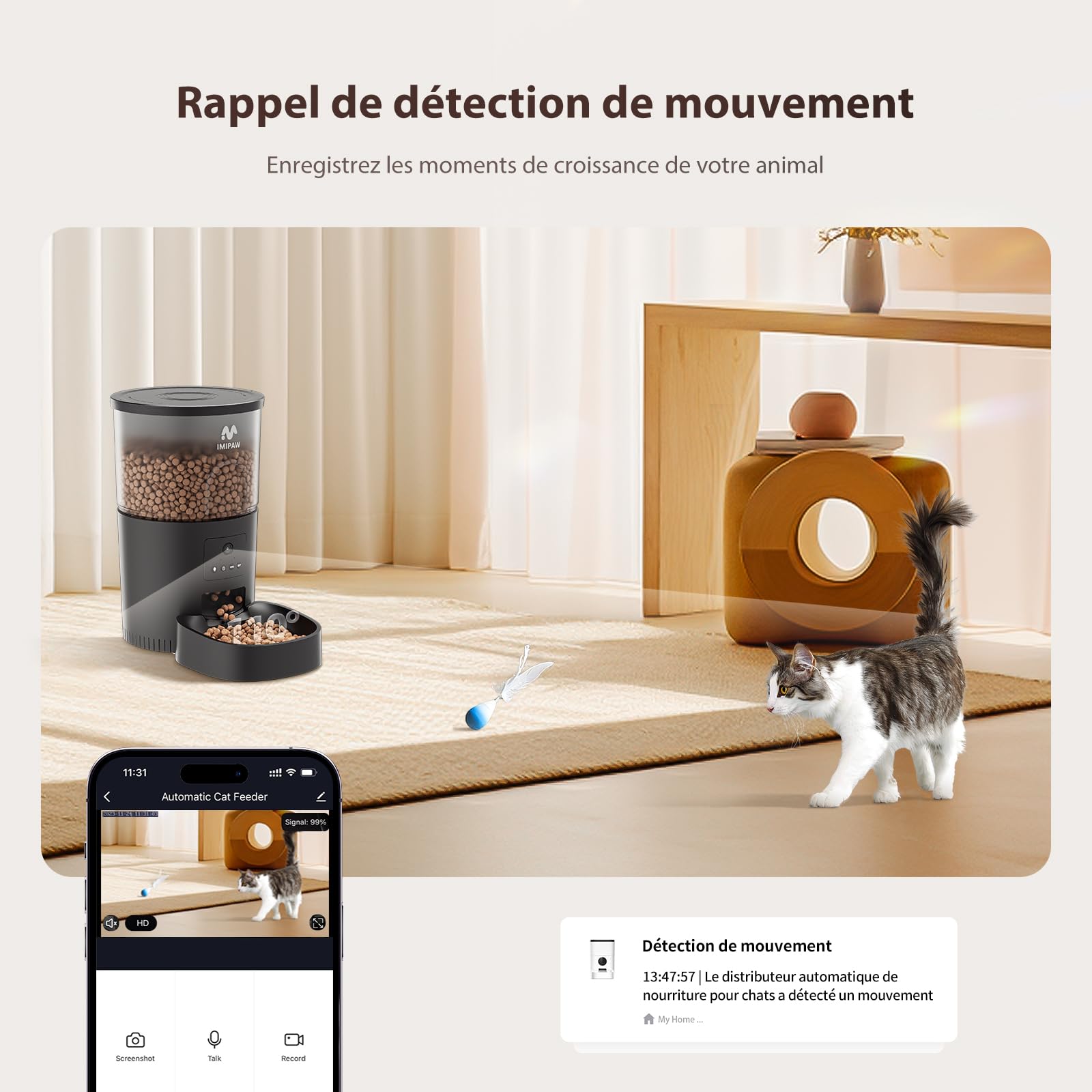 IMIPAW Distributeur Croquettes Chat Automatique avec Caméra 1080P, WiFi 2.4G | 5G, Contrôle Via App – Programmation 1 à 8 Repas/Jour, Enregistrement Vocal 10s, Vidéo Audio en Direct