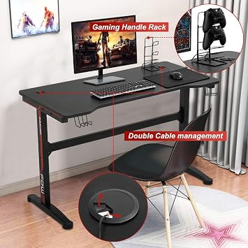 Computer Gaming Desk Ergonomic PC Computer Desks Table Large Gaming Desk Gamer Workstation with Stand Cup Holder Headphone and Cable Management for Men Boyfriend Son Gift- 47-Red