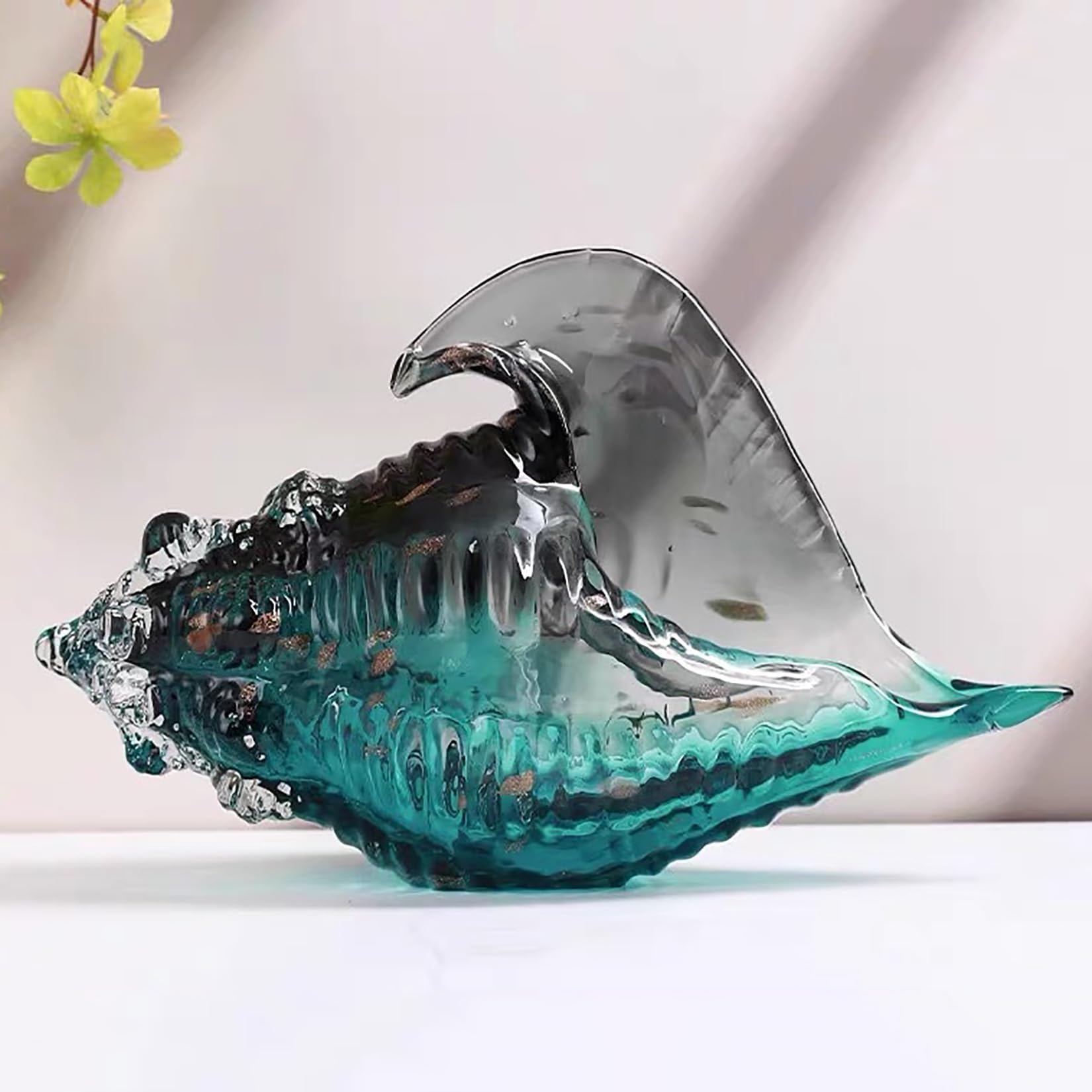 NNYCC Glass Conch Shell Decor,Handmade Crystal Sea Animal Ornament Glass Art Figurine Sculpture for Shelf Table Top,Blue,32x18cm