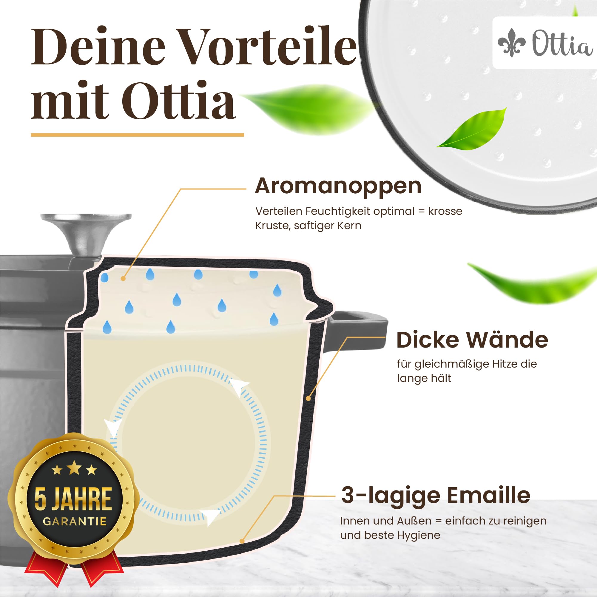 Ottia Cocotte en fonte, 26 cm, 5 litres, émail de qualité supérieure, cocotte avec couvercle, tous types de feux (y compris induction), passe au four