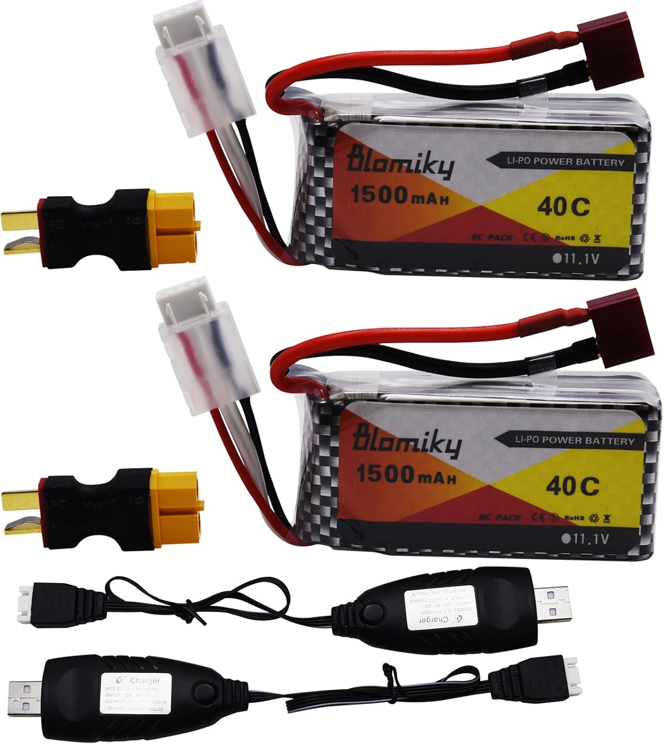 Blomiky 2 Pack 11.1V 1500mAh 35C Lipo Battery with T Plug for RC Airplane, RC Helicopter, RC Car Truck, RC Boat and Quadcopter Drone 11.1V 1500mAh T 2