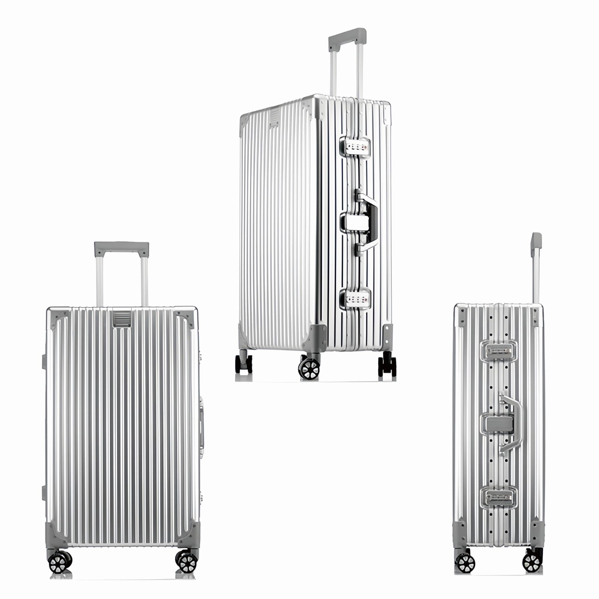 Valigia rigida trolley trolley valigia da viaggio bagaglio a mano manico telescopico TSA, 4 ruote, argento (100% alluminio), L, Trolley rigido in alluminio con ruote orientabili