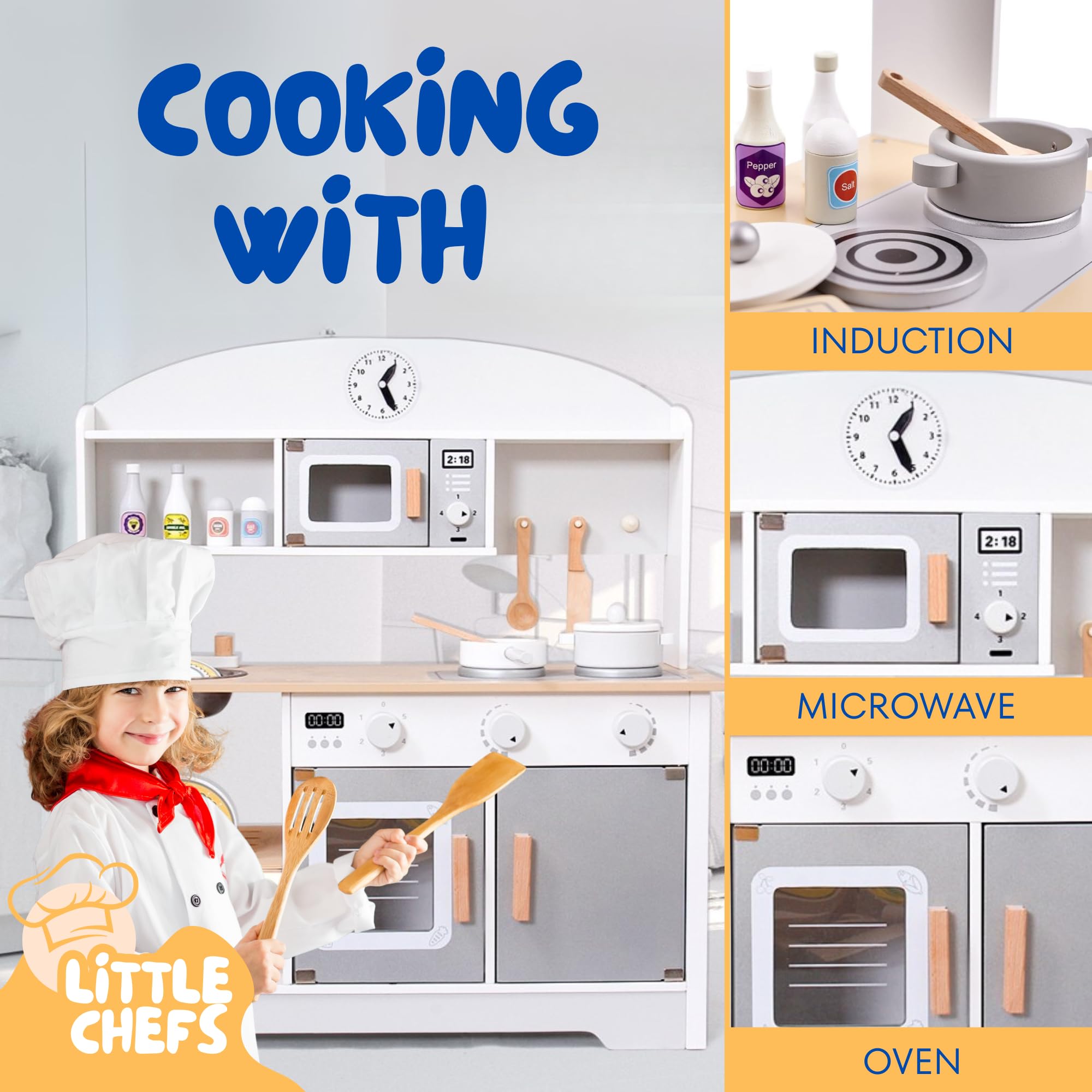 Cucina giocattolo in legno. Cucina giocattolo per bambini +3 anni, con forno, lavello, microonde, piano cottura e 12 accessori, gioco educativo Montessori (72x68x26 cm)