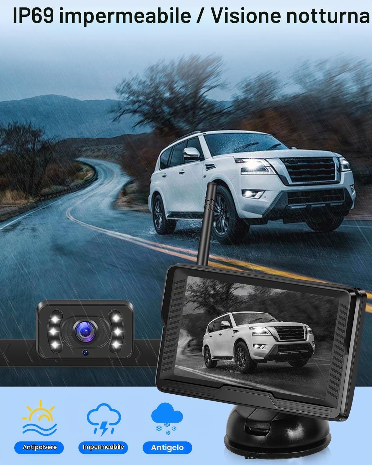 NHOPEEW Kit telecamera per retromarcia senza fili con monitor per telecamera di retromarcia IPS da 4,3 pollici, visione notturna impermeabile IP69 per auto, camion, camper, rimorchio, rimorchio