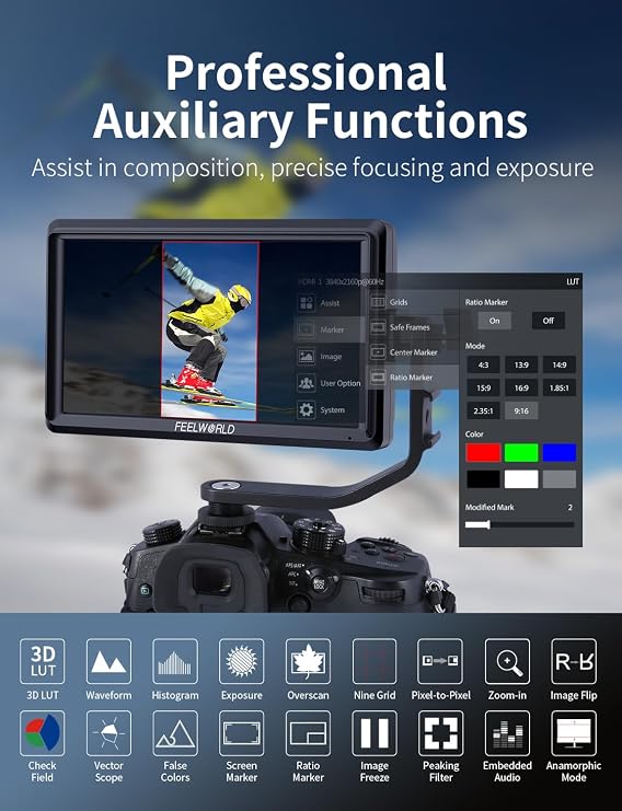 FEELWORLD S55E 5.5 Inch 500nit On Camera Field DSLR Monitor Ultra Lightweight 4K HDMI Input Output, 3D LUT Waveform HDR Accurate Focus Expose for Video Shooting Vlogging with F550 Battery and Bag