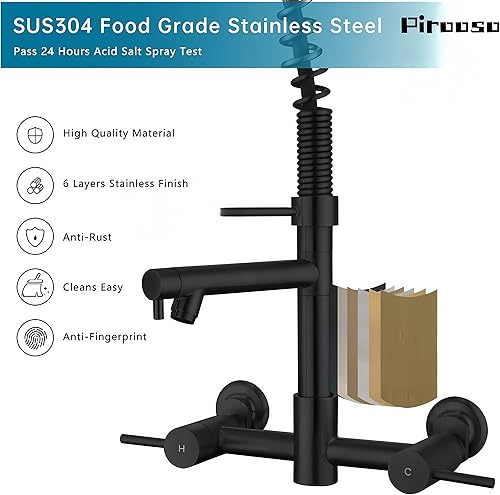 Miniatura 5 de Grifo de montaje en pared de cocina, grifo de montaje en pared central de 8 pulgadas con pulverizador de preenjuague y relleno de olla, grifo de