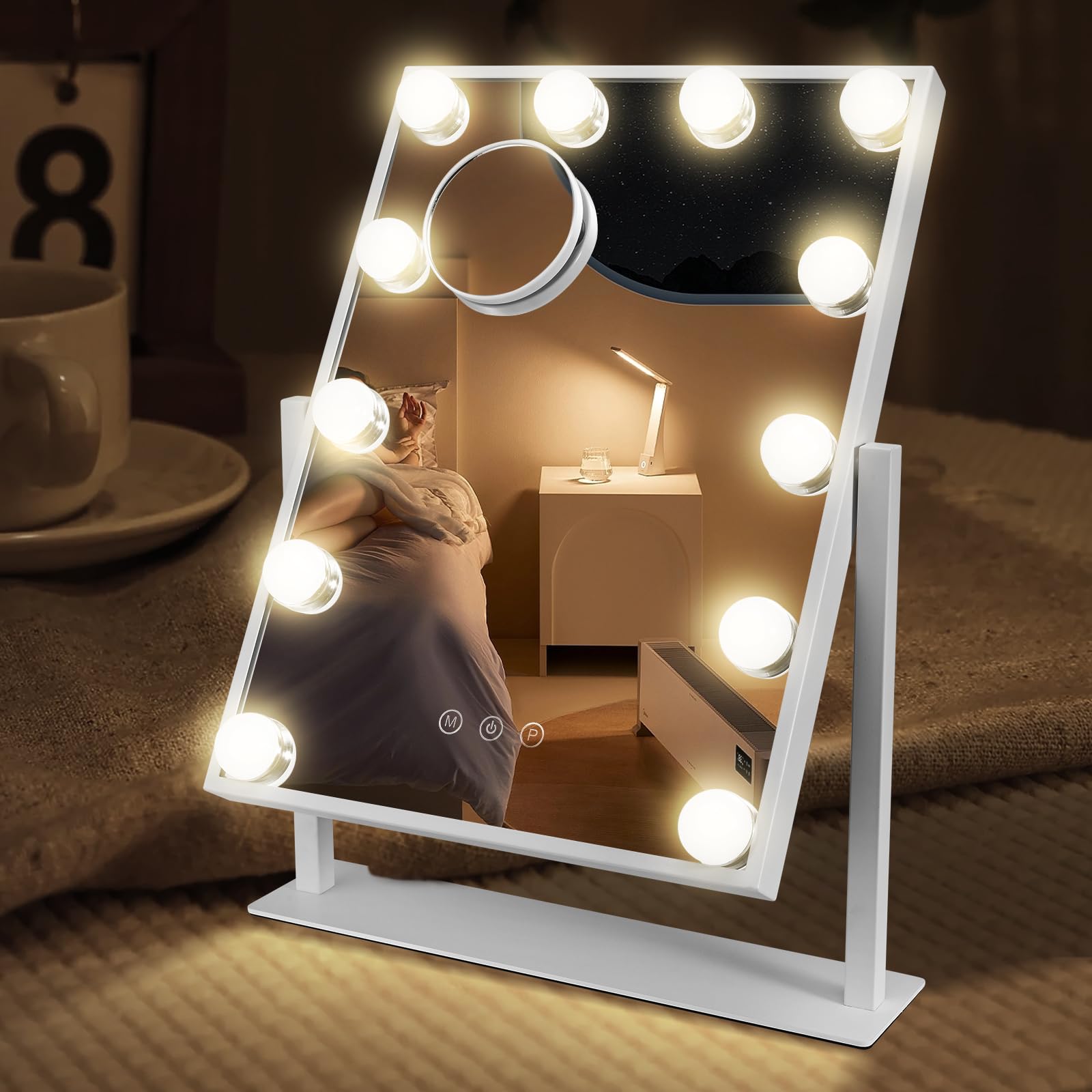Espejo Hollywood con iluminación LED Tipo C y Puerto de Carga USB 12 Luces atenuadoras Espejo de Maquillaje con 3 Modos de luz con iluminación Espejos Hollywood Montaje en Pared Blanco 40x30cm