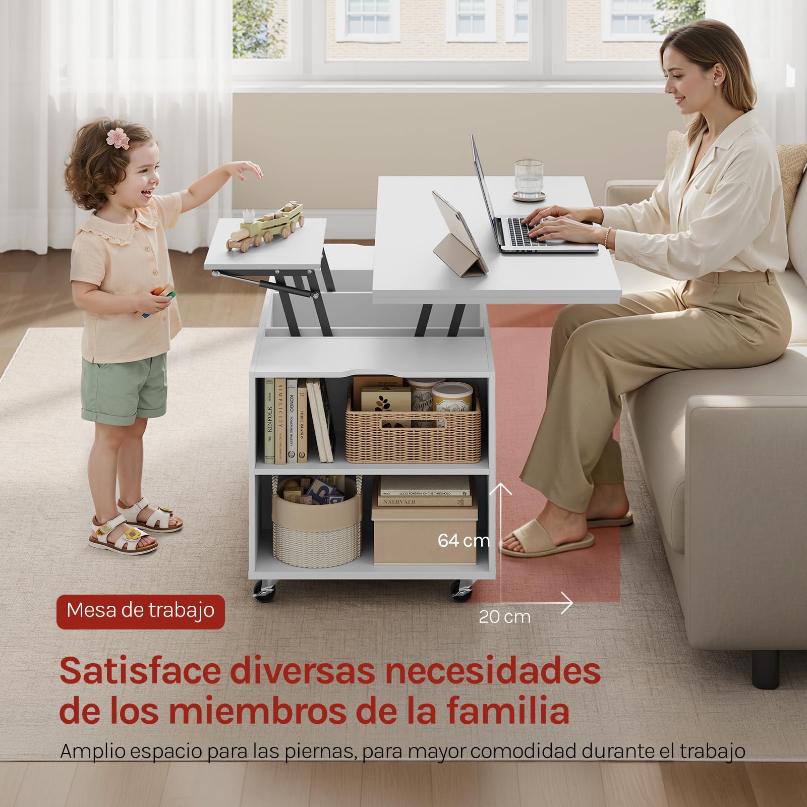 WOLTU Mesa de Centro con Tapa Elevable y Ruedas, Mesa Extensible y de Altura Regulable con Doble Tapa Elevable, Cajón y Compartimentos de Almacenamiento, para Salón u Oficina, Blanco