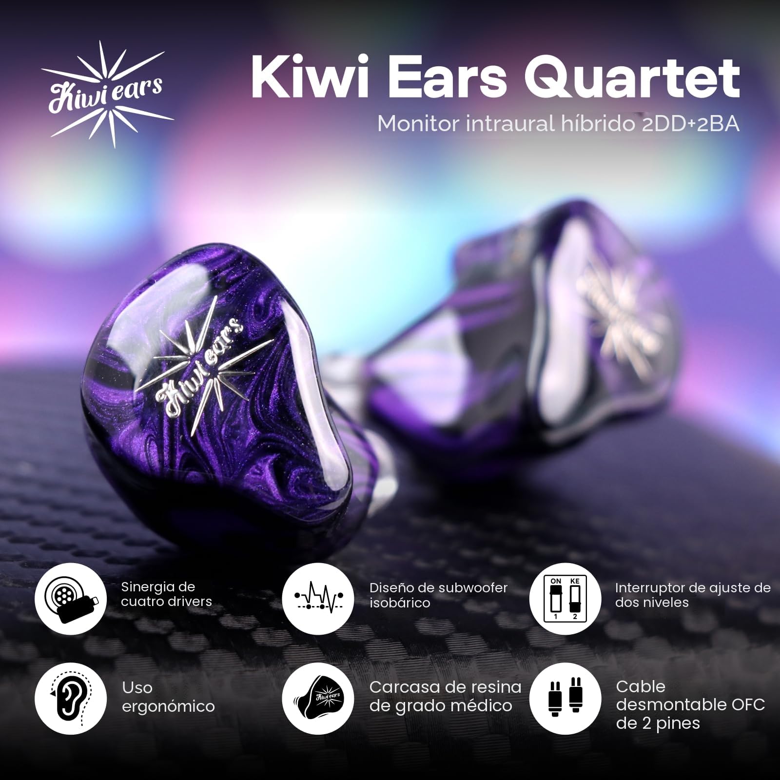 Linsoul Kiwi Ears Quartet 2DD+2BA Hybrid In-Ear Monitor, Auriculares HiFi con Carcasa de Resina Hecha a Mano, Cable IEM OFC Plateado Desmontable para músicos audiófilos DJ Studio Gaming