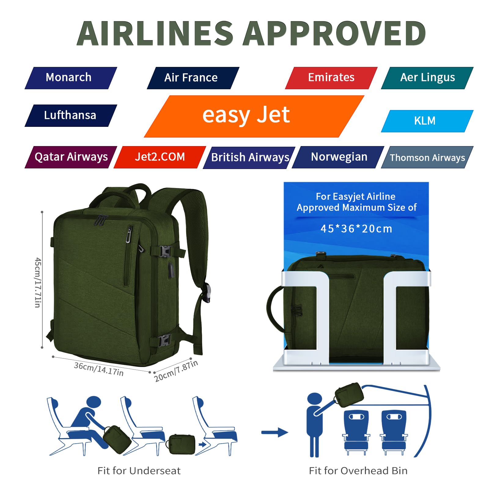 Leyrica Zaino da Viaggio per Easyjet 45x36x20, Bagaglio a Mano Borsone Cabina Zaino per Viaggiare in Aereo per Laptop Daypack Casual Zaino Università Zaino (Verde)