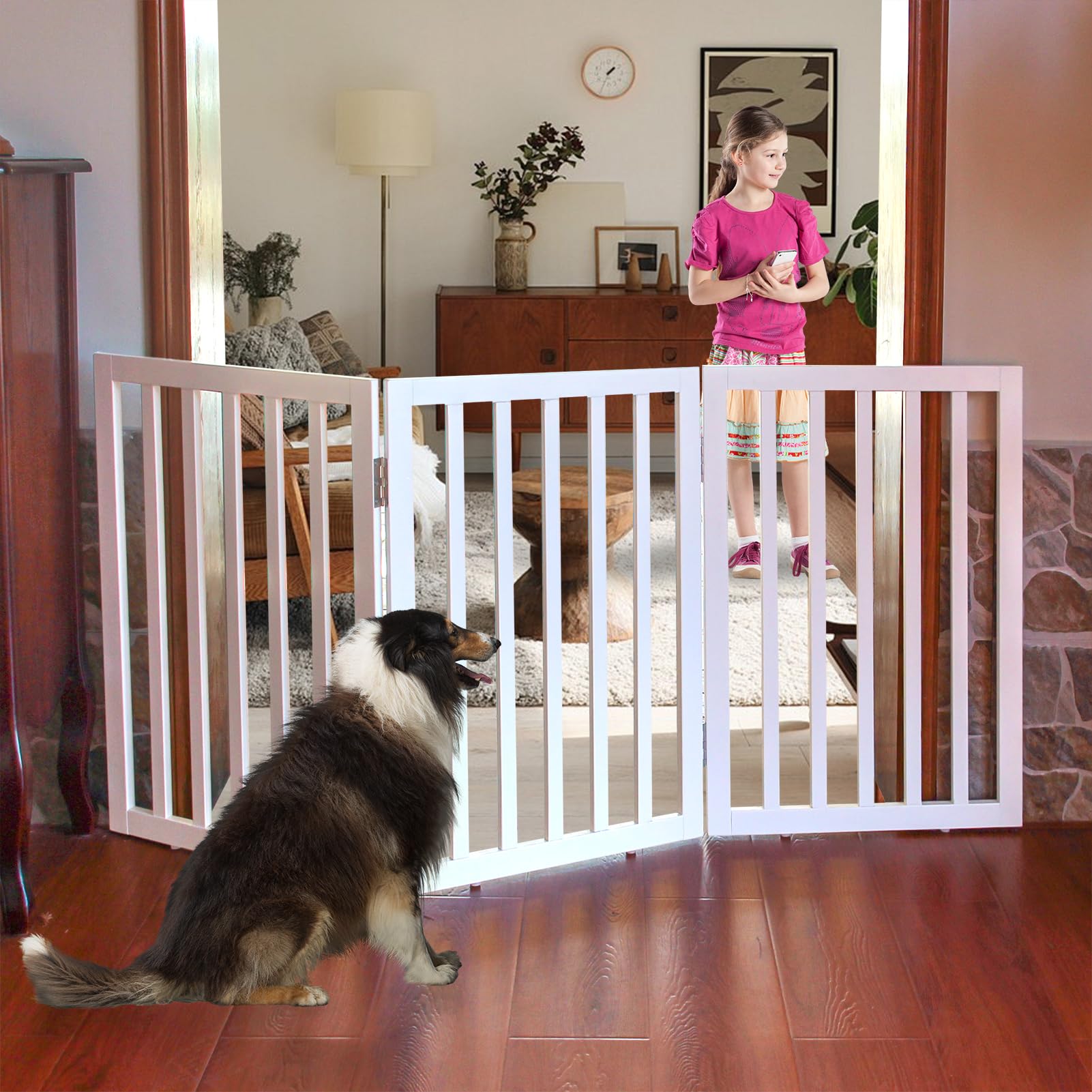 ZJSF Freestanding Indoor Dog Gate for House Foldable Wood White Puppy Gate for Doorways Pet Gate for Stairs Extra Wide Pet Fence 28" Height 3 Panels