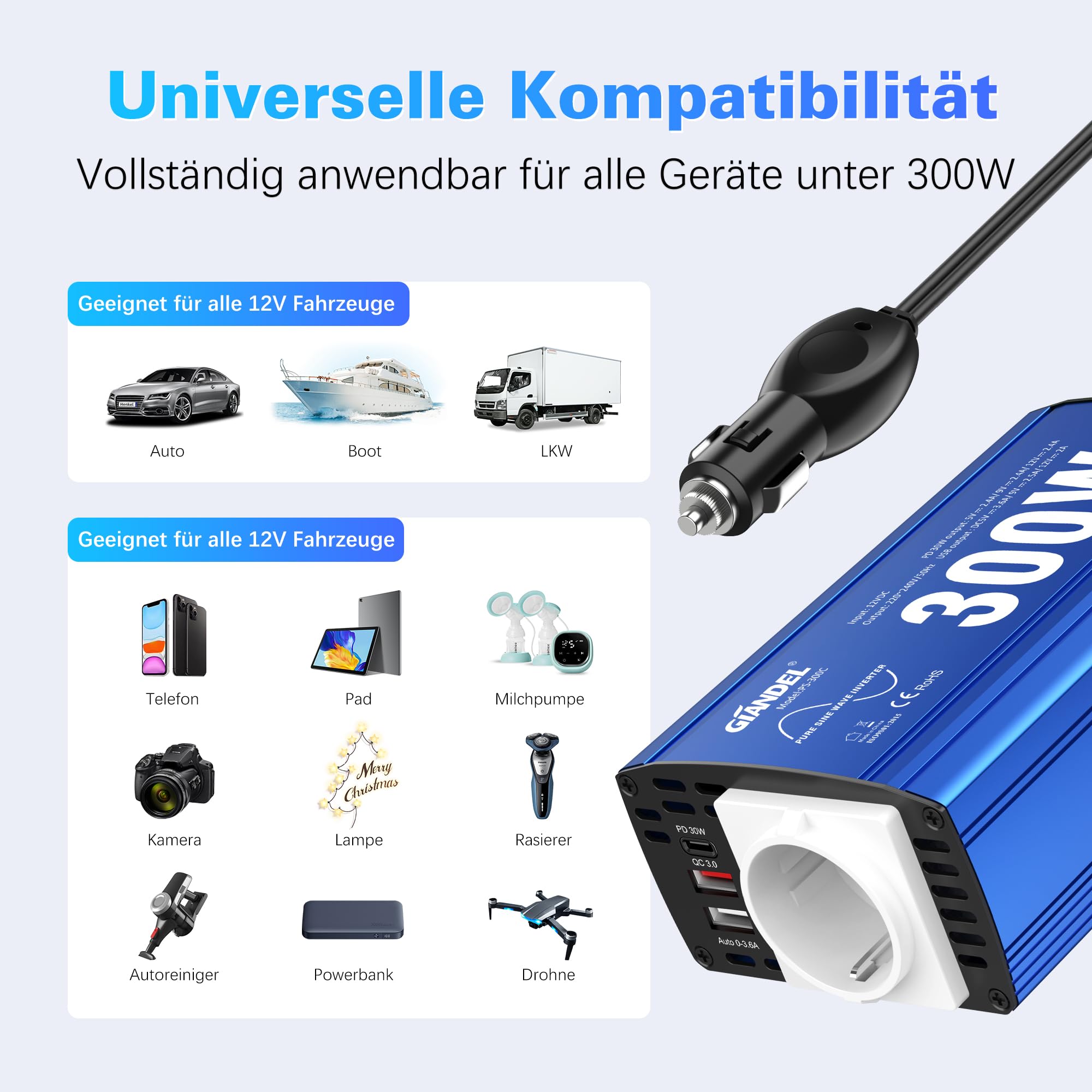GIANDEL Convertitore di tensione sinusale puro 300 W 12 V DC 230 V AC adattatore auto con doppio USB 4.8 A e presa per tablet, computer portatili, smartphone