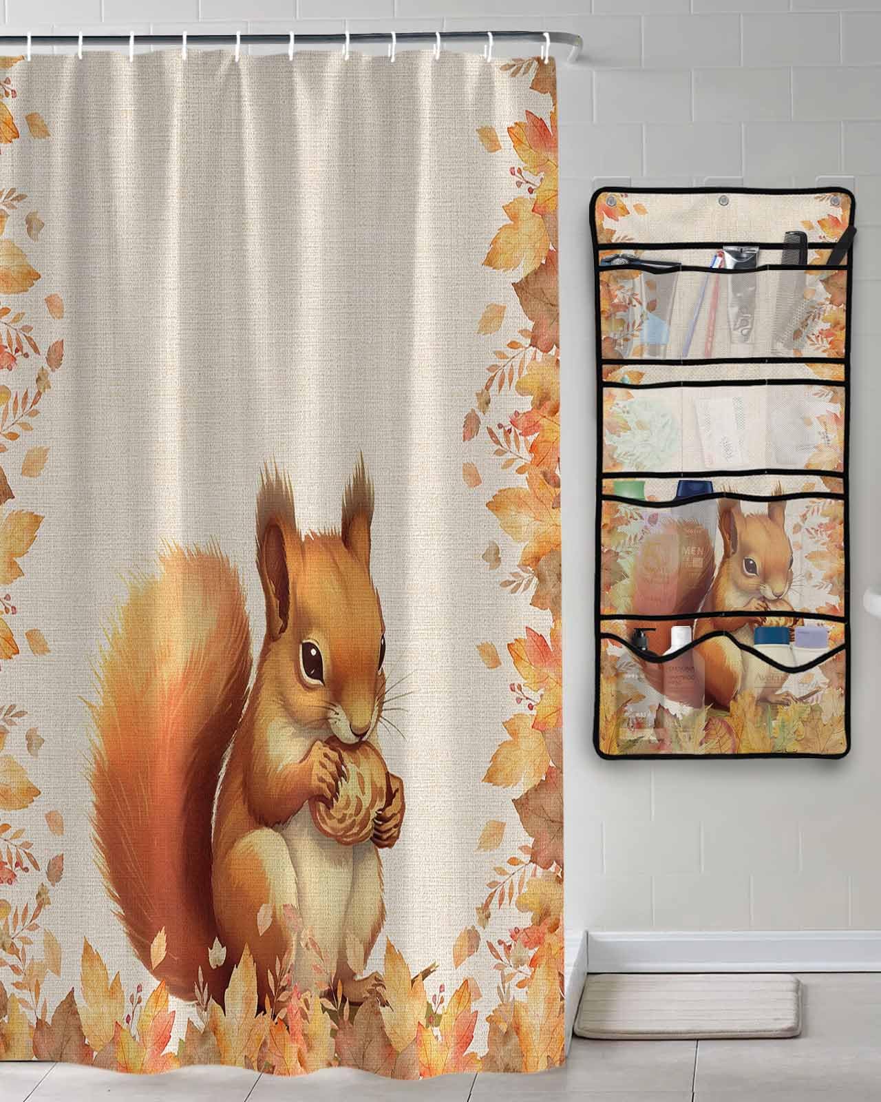 Shower Curtain Mesh Shower Organizer Hanging Set Fall Thanksgiving Cute Squirrel with Maple Leaves Waterproof Shower Curtains with