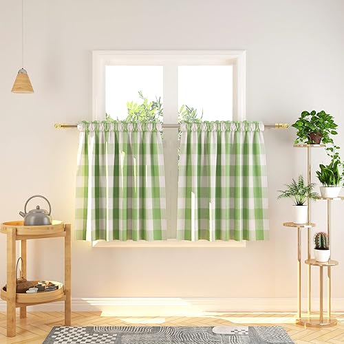 Miniatura 105 de Cortina ajustable con cenefa para ventana de cocina Buffalo Check, a cuadros, gingham, estilo granja, con bolsillo para barra, para baño, 42 x 45
