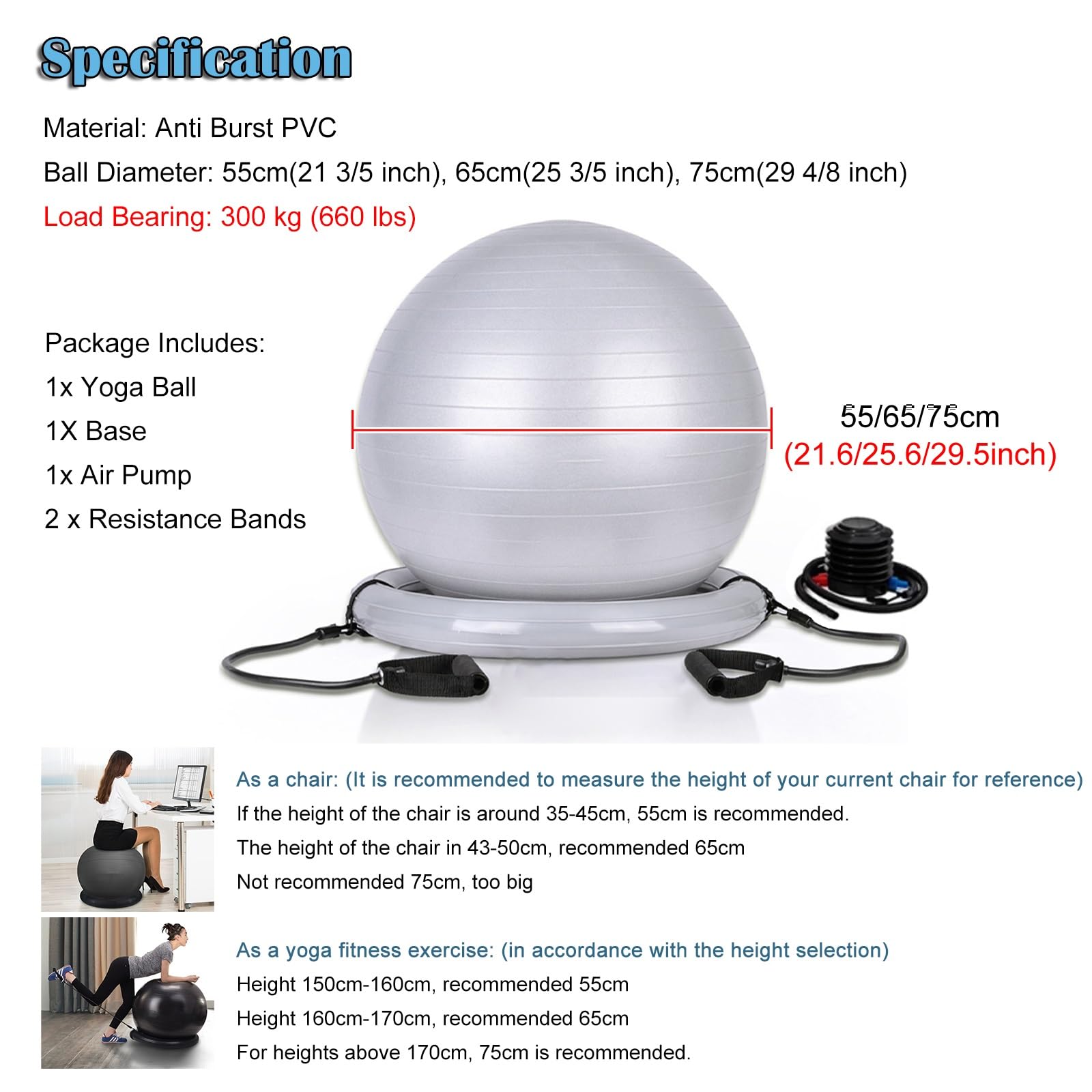 Sedia a Sfera Sedia Con Palla Da Esercizio Con Fasce Di Resistenza, Kit Di Base Per Stabilità Con Palla Da Yoga Per Ufficio Domestico Per Fitness, Gravidanza, Fisioterapia, Sedia Con Palla Da Equilibr