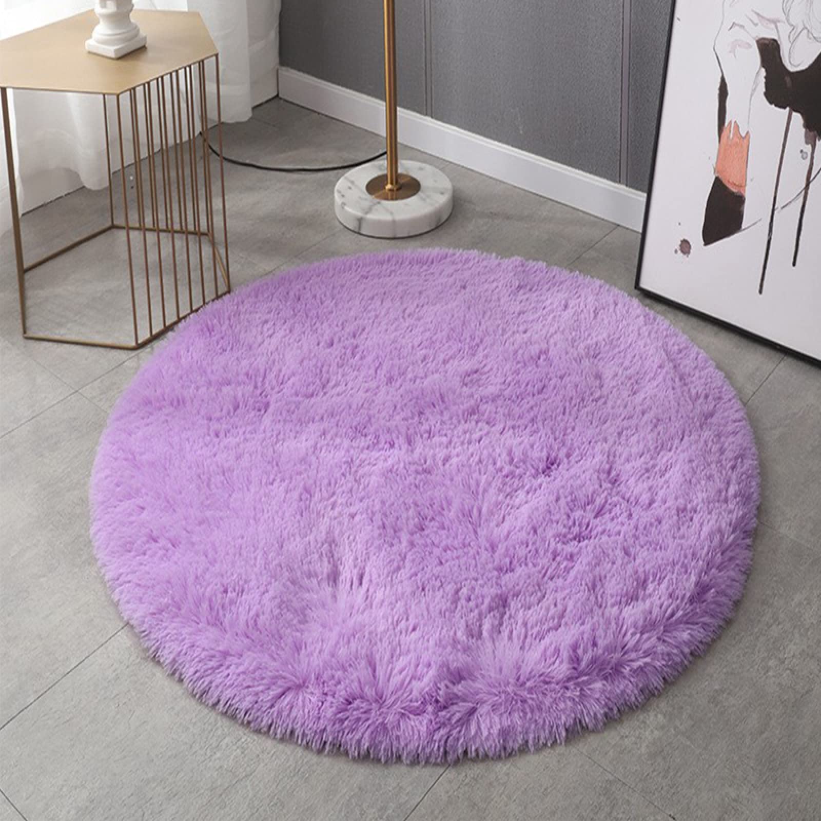 Tapis Rond Moelleux Violet 100x100 Cm - Poils Longs Ultra Doux - Dessous Antidérapant Silicone - Pour Chambre, Salon