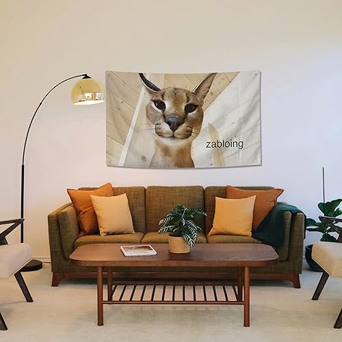 Miniatura 6 de Zabloing Floppa - Póster divertido de bandera de pared duradera con ojales de latón, bandera de 3 x 5 pies para decoración de dormitorio