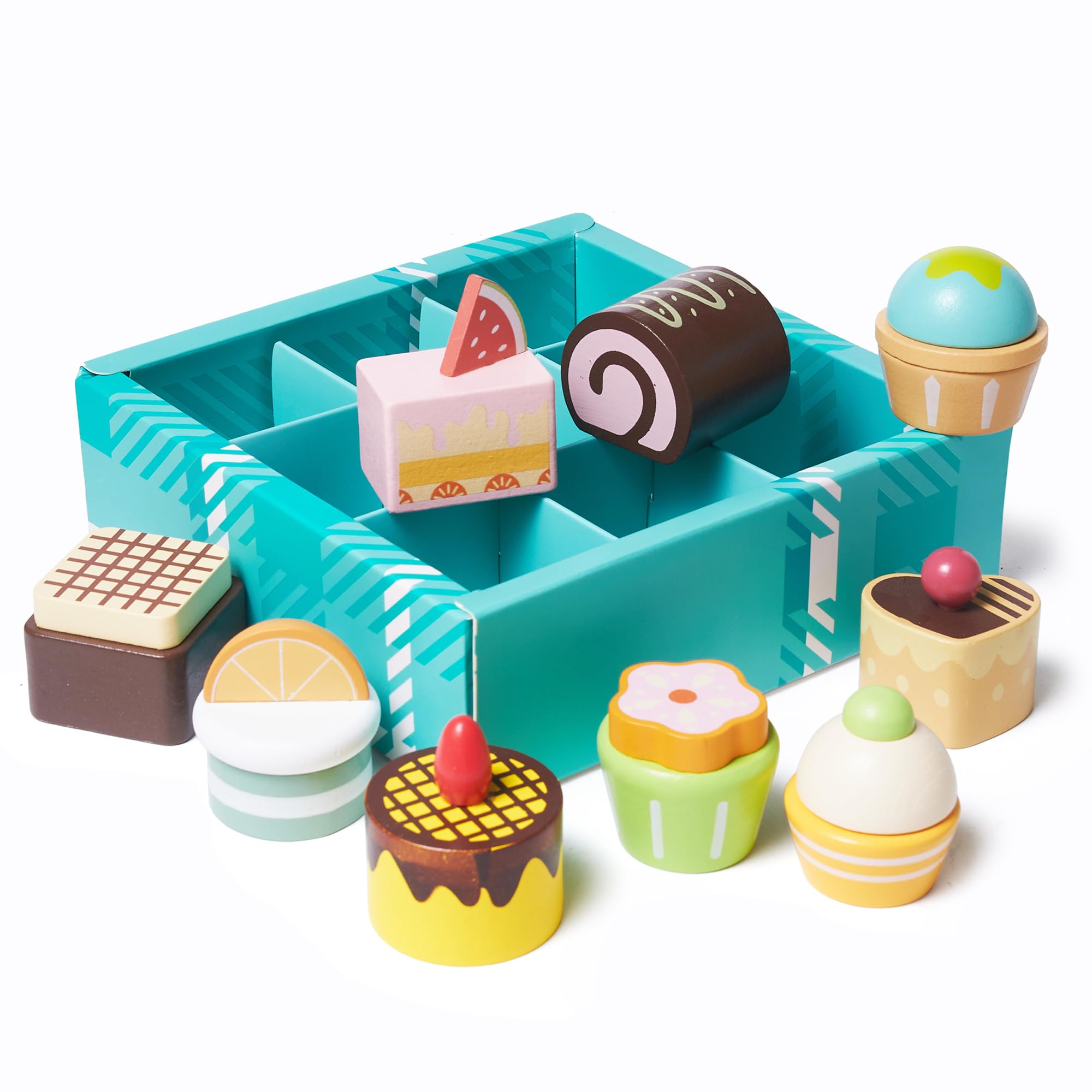 MONT PLEASANT 10pcs Wooden Dessert Set Toddler Pretend Play Toy Food, Sweets Playset with Muffin, Cupcake, Chocolate Cake & Roll, Kids Food Toys Play Kitchen Accessories Boys and Girls Birthday Gift