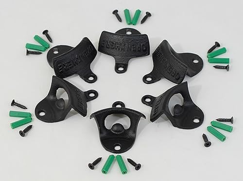 Color Negro Conjunto de 6 " Open aquí "hierro fundido Soporte de pared Abridor de botellas, diseño clásico de réplica