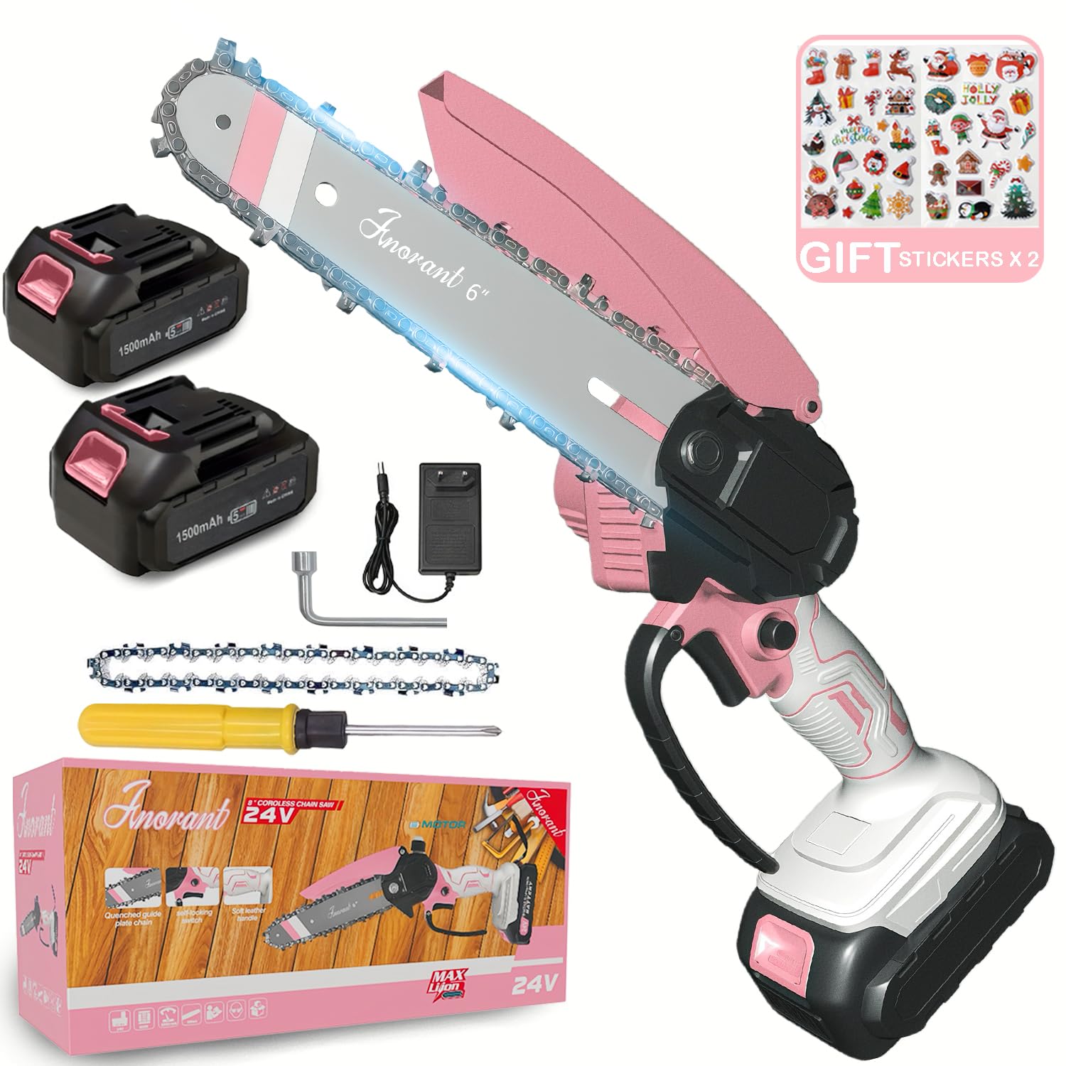 Mini Cordless Electric Chainsaw, 6-Inch High Carbon Steel Blade, Battery-Powered, 21V with Safety Lock, Wood Cutting, 45-Degree Angle, 3.5 lbs (Pink and White Dual-Electric Standard)