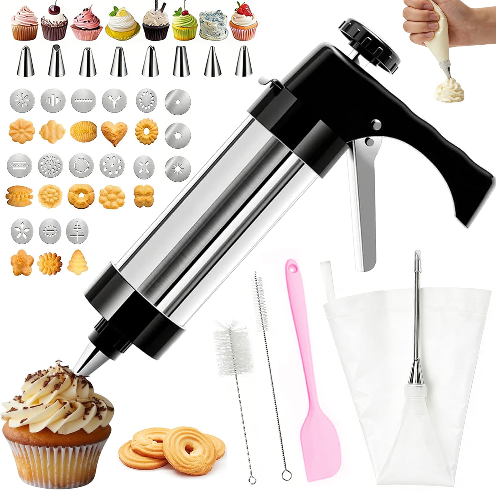 Pressa per Biscotti in Acciaio Inox, Biscotti Professionale Pistola Sparabiscotti con 16 Stencil e 8 Beccucci, Spara Biscotti per Frolla per Realizzare e Decorare Biscotti Fai da Te