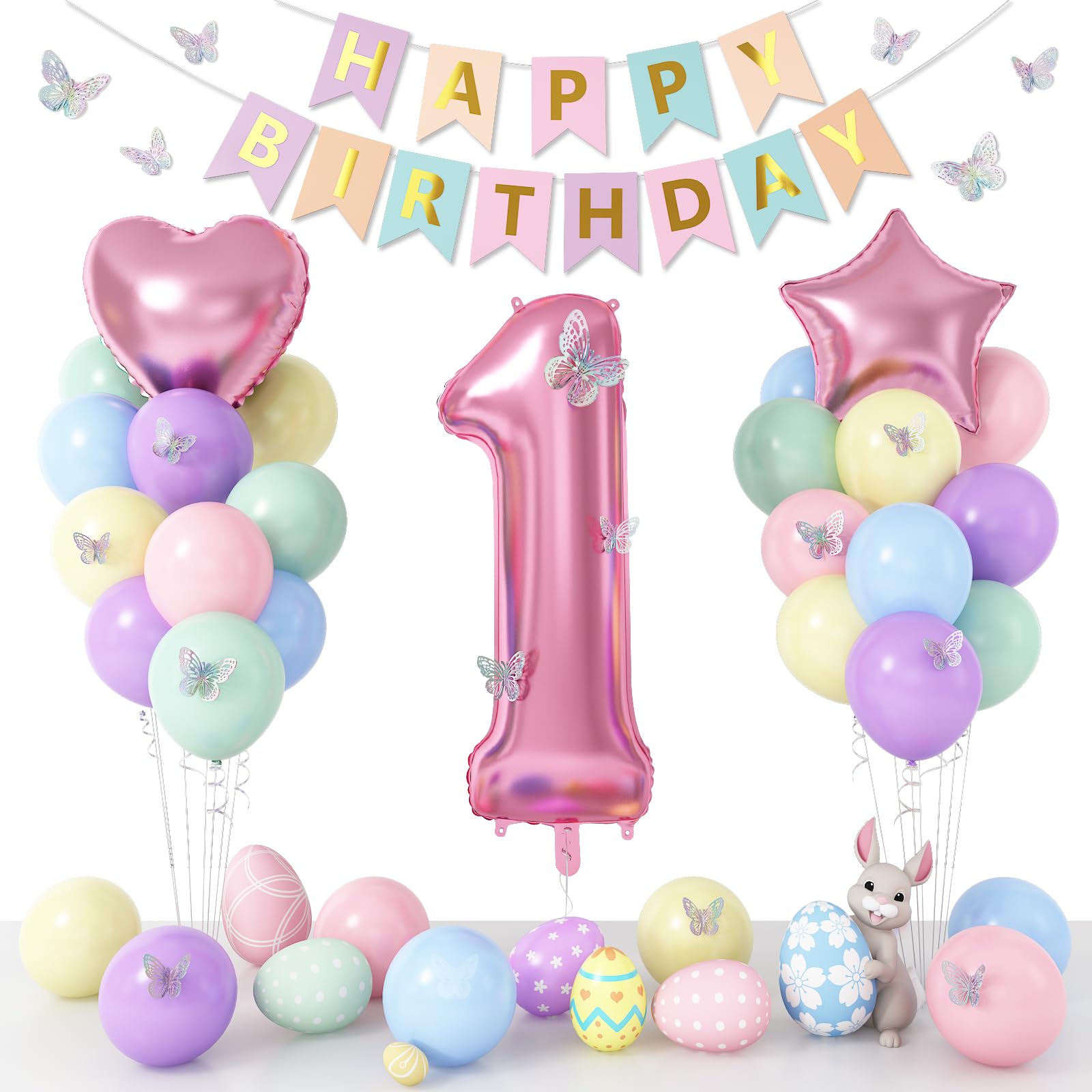 1st Birthday Decoration for Girls, Pastel Macaron 1st Birthday Balloon, Pink Number 1 Balloon with Butterfly Stickers, Star Heart Foil Balloons Banner Set for Baby 1 Year Old Birthday Party Decor