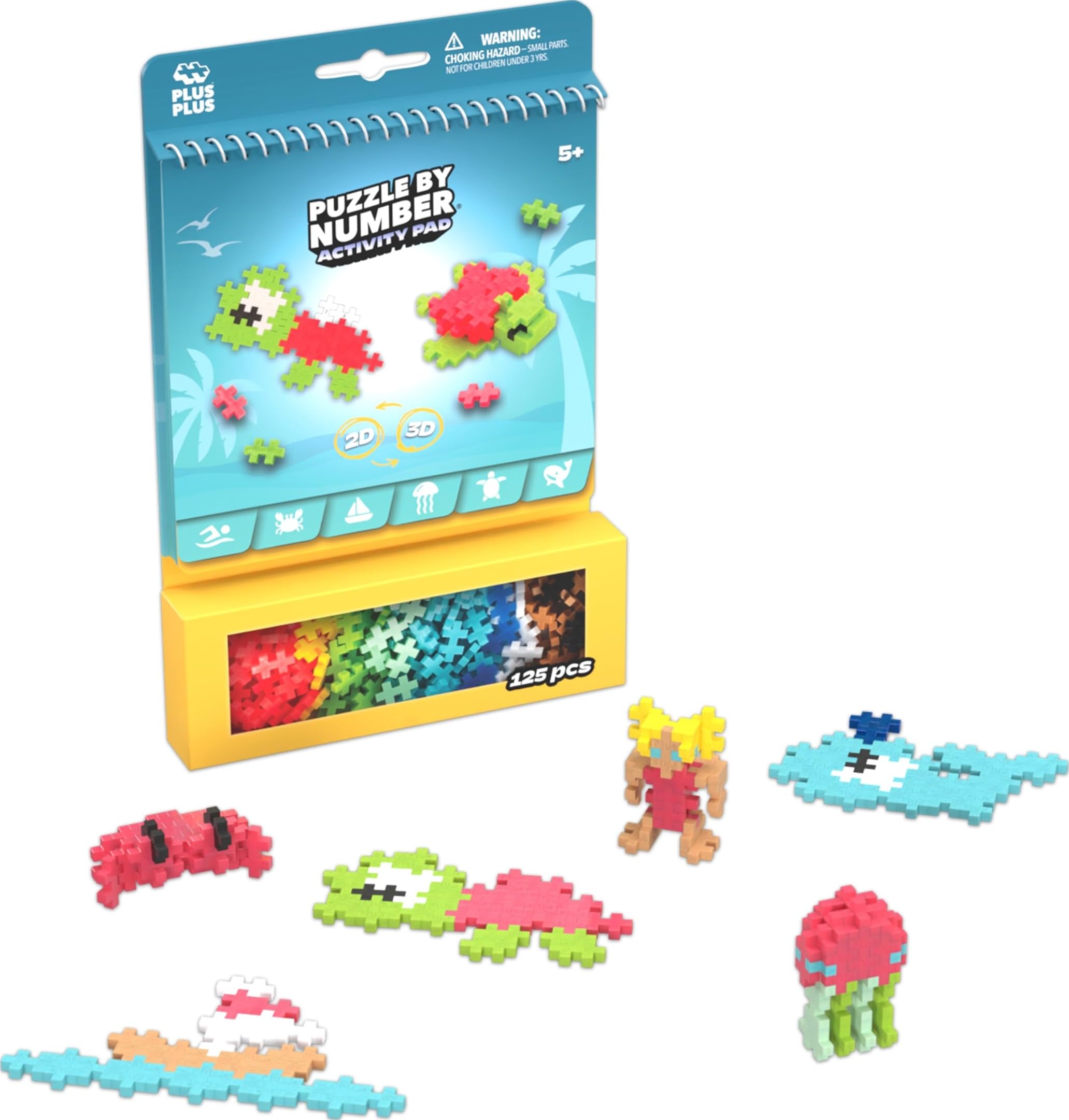 Plus Plus Travel Toys - Building Blocks Puzzle Play, Ideal Train, Car, or Plane Activities for Kids, 12 Pages with 125 Pieces in Attached Storage, Girls and Boys Toys Age 5 Plus - Ocean