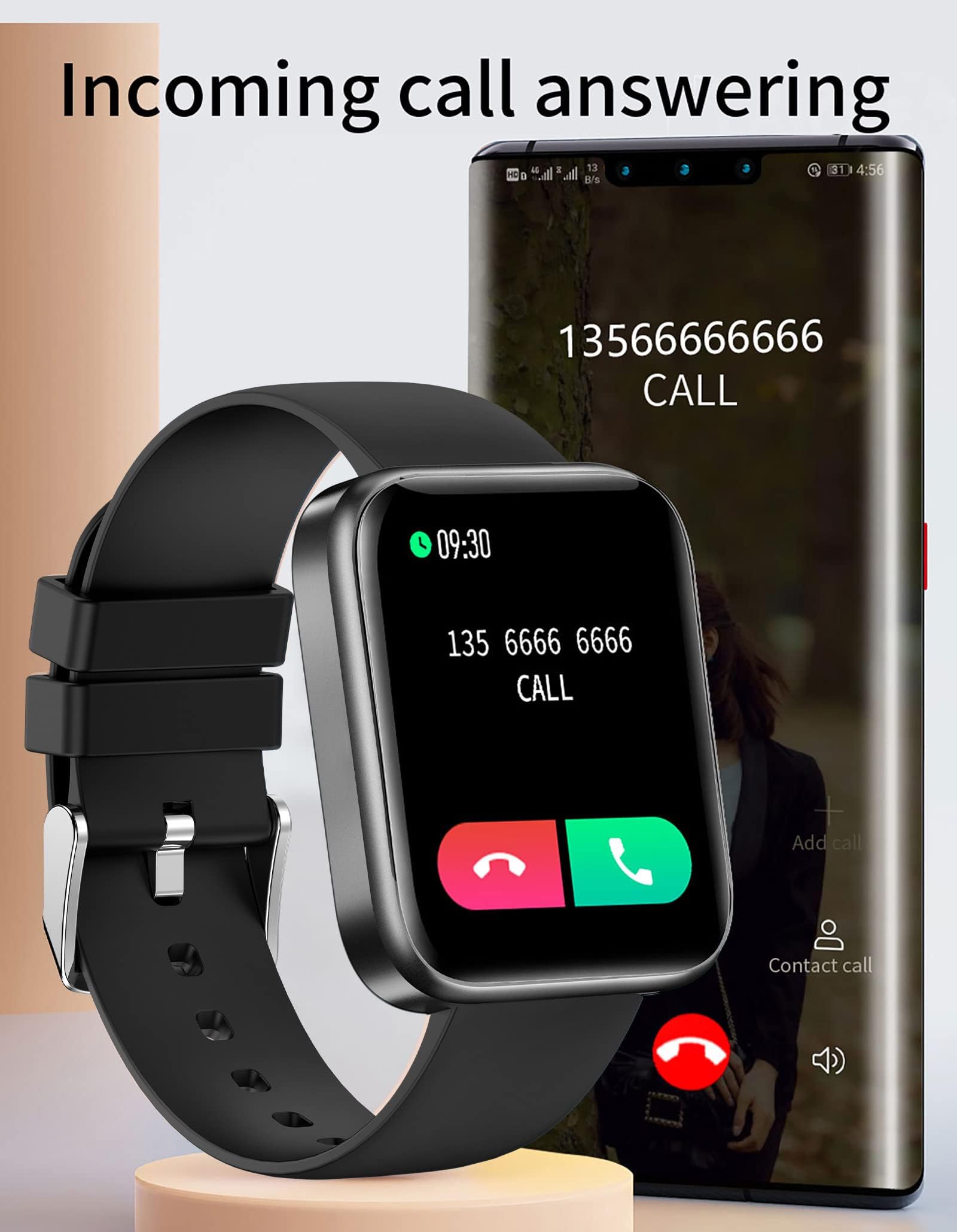 Smartwatch prowadzenie rozmów telefonicznych z głośnikiem, ekran dotykowy 1,7", bezpośrednie parowanie ze słuchawkami Bluetooth, bezprzewodowa, pamięć muzyczna, funkcja Whatsapp, ciśnienie krwi,