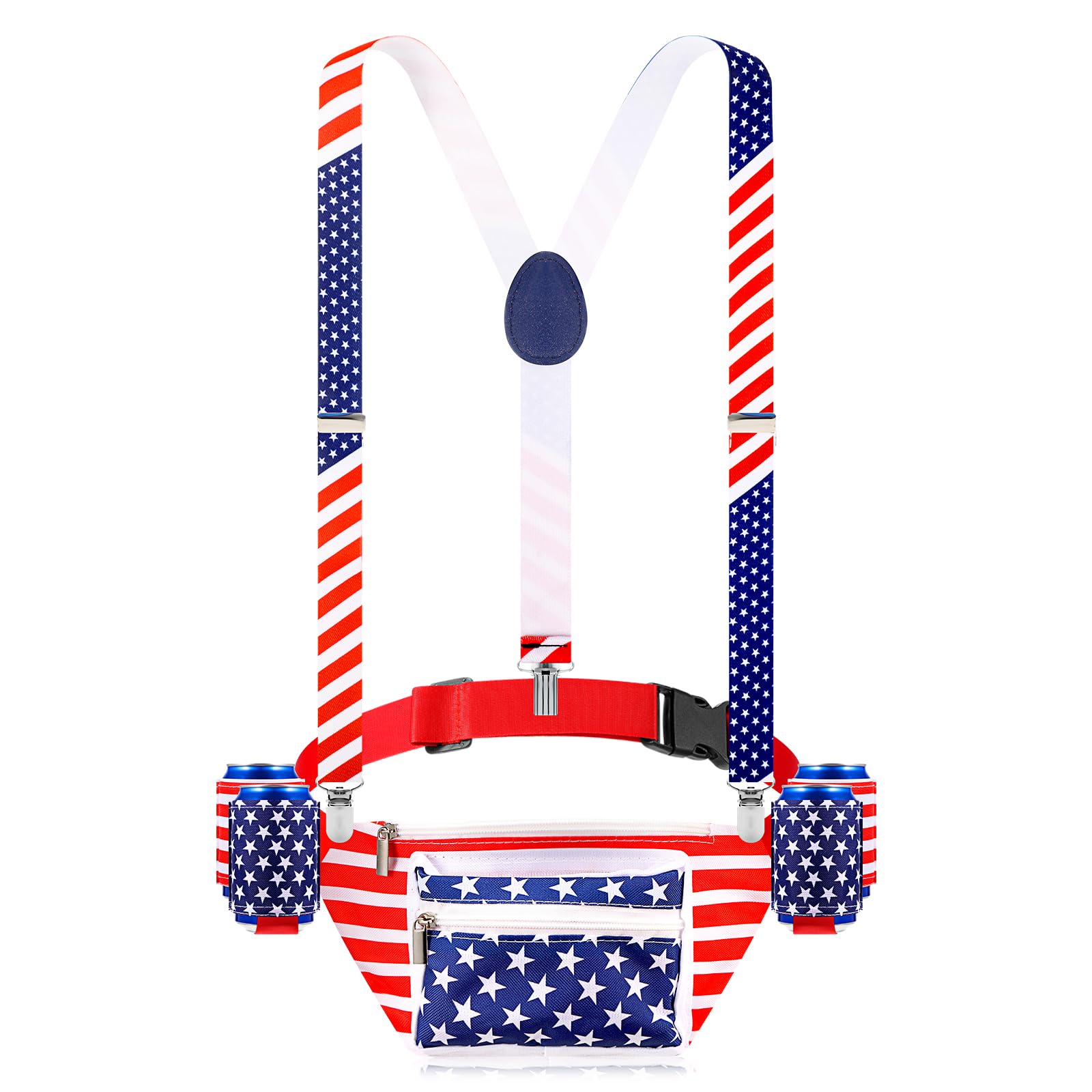Veterans Day Fanny Packs Patriotic 4th of July Beverage Beer Belt Set USA Fanny Pack Bag with Suspenders Drink Holder for Memorial National Day(Fresh)