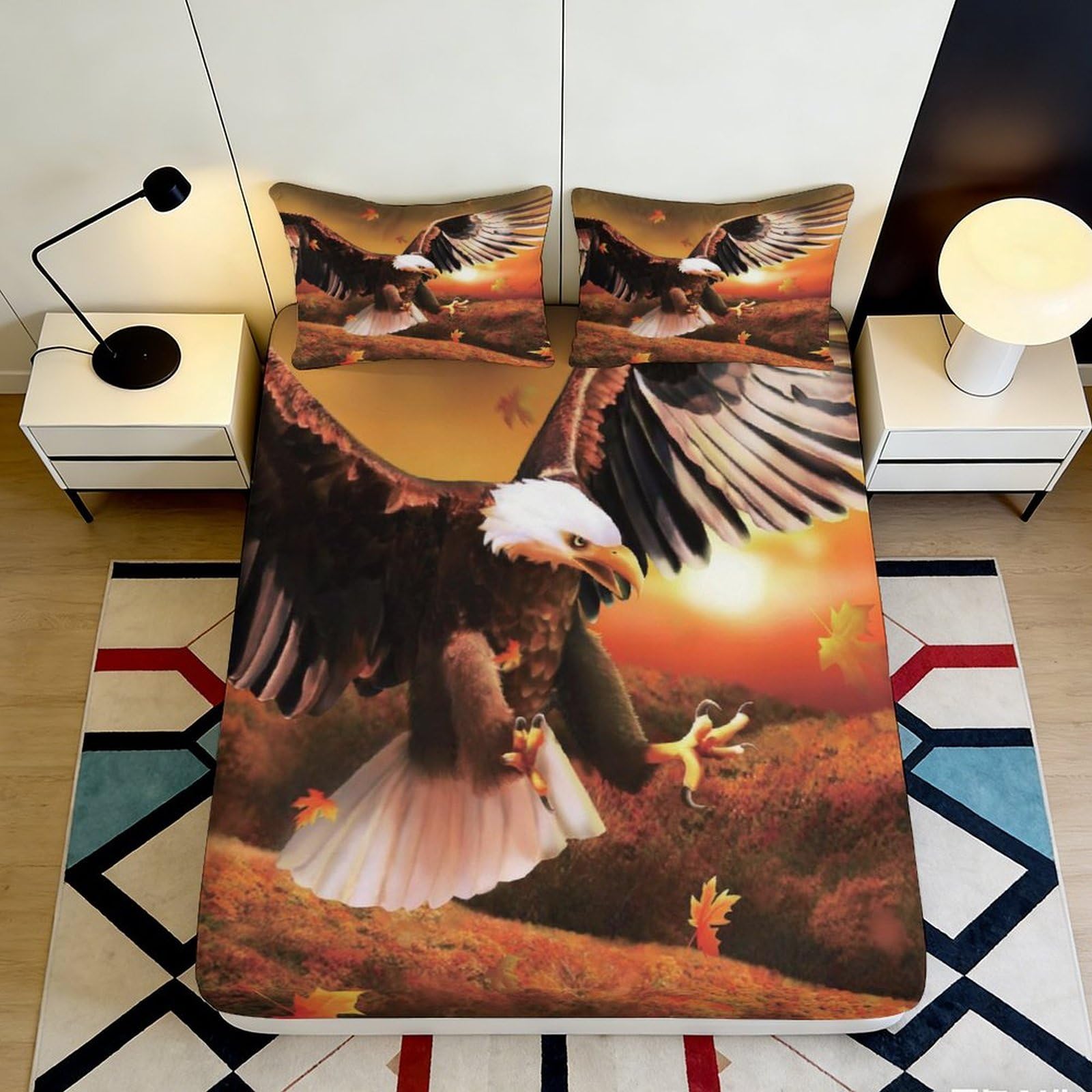 3D Printed Sunset Eagle Fitted Sheet Microfiber Soft Decorative Wild Bird Mattress Cover for Bedroom Dorm Guest Room 90x200x25cm