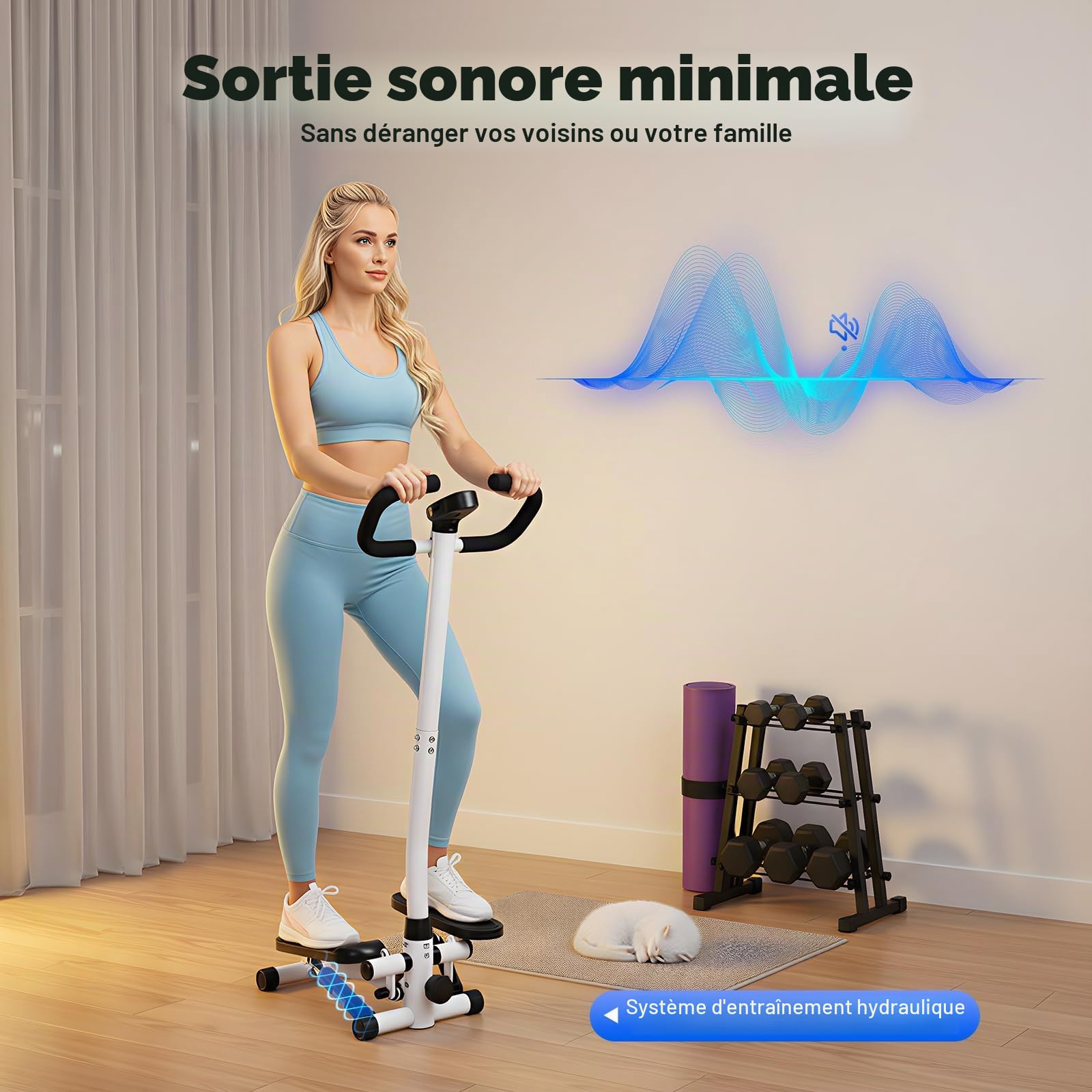 Stepper de fitness, machine à stepper avec guidon, résistance de 150 kg, hauteur d'entraînement réglable, système d'entraînement hydraulique pour perdre du poids, formes et entraînement