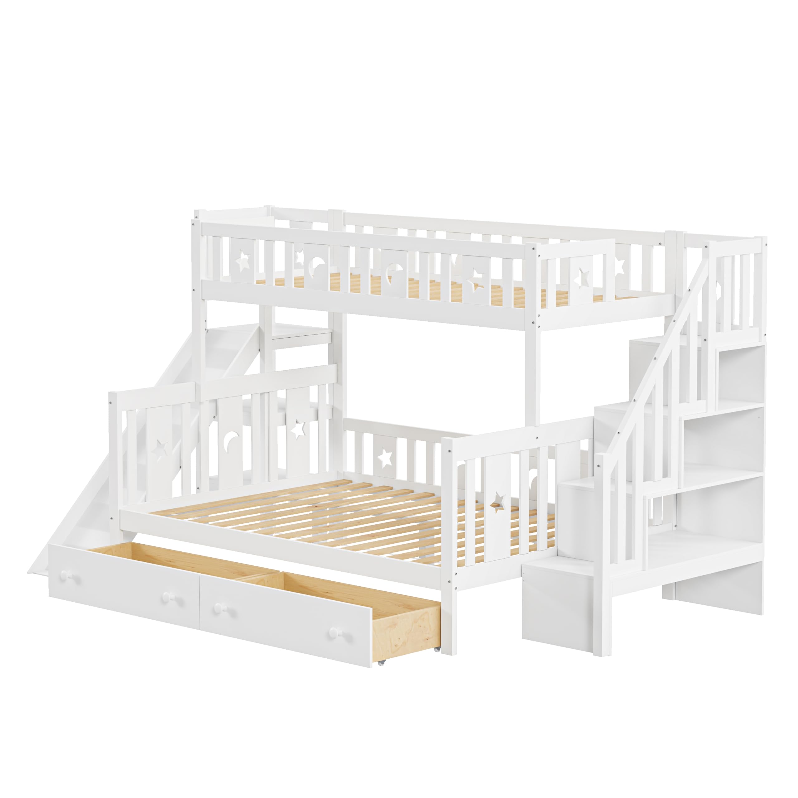 Massivholz-Etagenbett Kinderbett 90x200 & 140x200 für 2-3 Kinder, Multifunktionsbett mit Rutsche & Regalen, Hochbett mit Stauraum Treppe & 2 Schubladen, Stockbett Kinderhochbett Jugendhochbett, Weiß