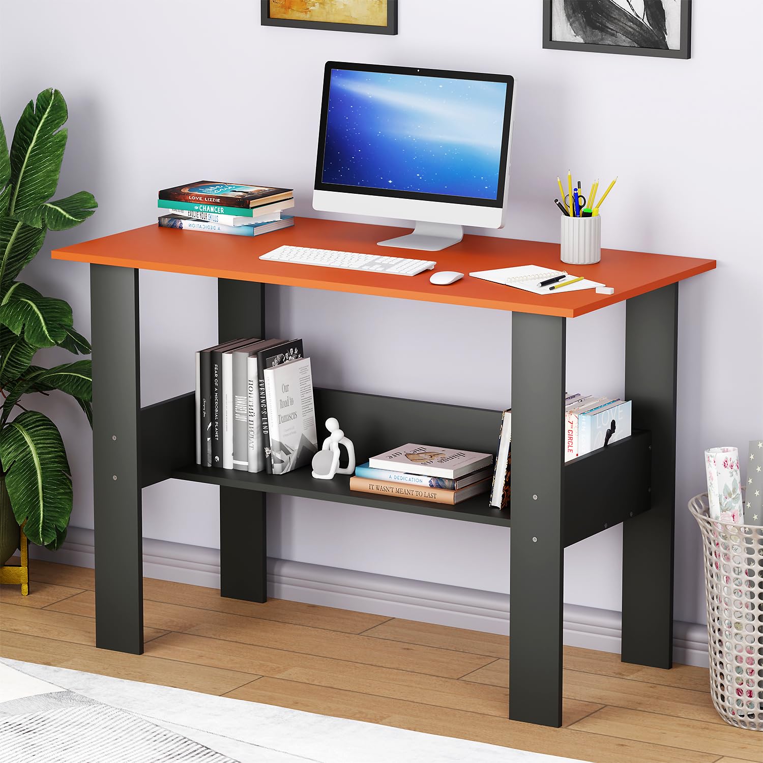 Lukzer Premium Engineered Wood Computer Desk with One Tier Shelves Laptop Study Table for Office Home Workstation Writing Modern Desk (ST-004/Charcoal Ember/ 90 x 50 x 77 cm)