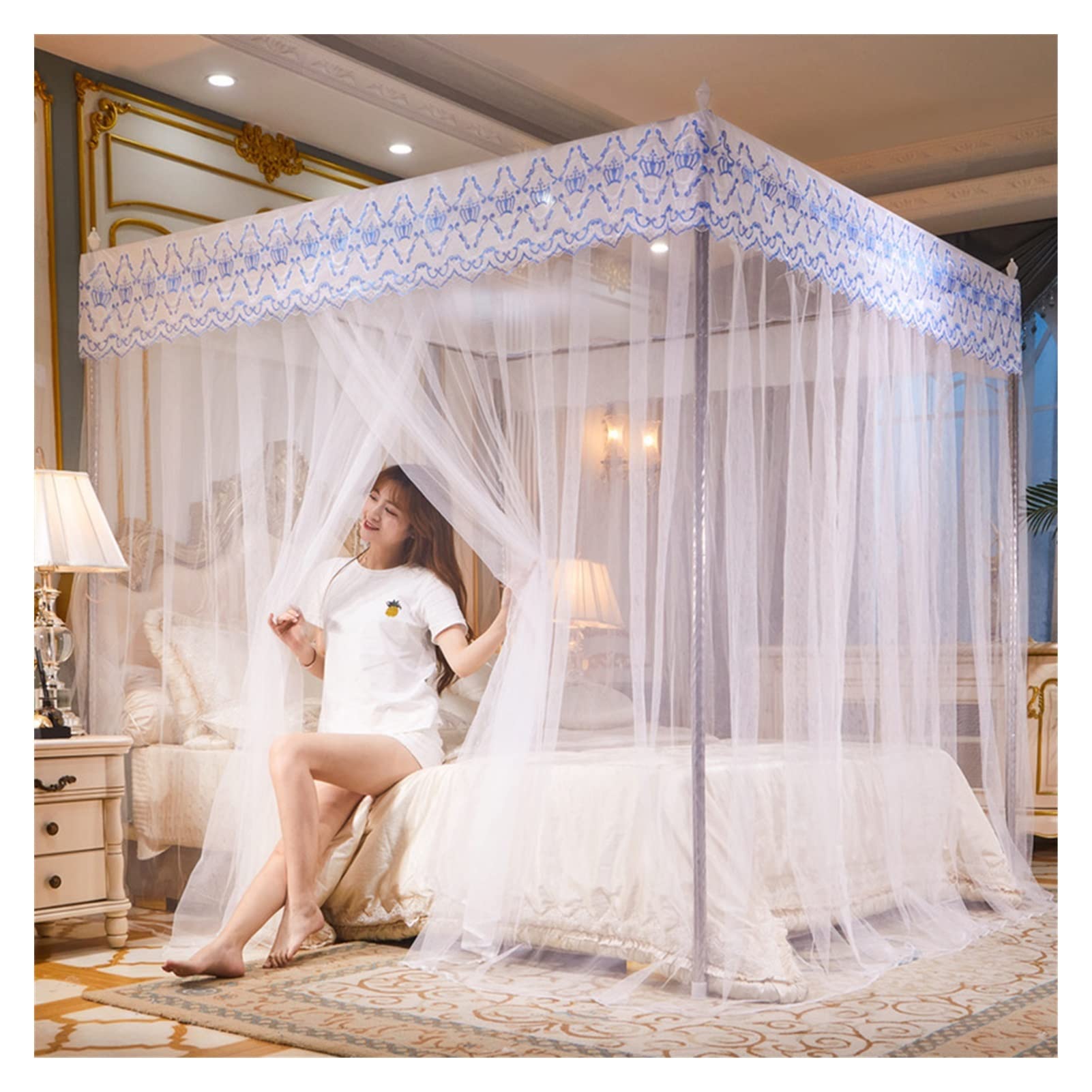 DXTFDHB 4 Corners Lightproof Bed Curtain, Mosquito Net Canopies Drapes Post Canopy Bed Curtains(White,120 * 200cm)