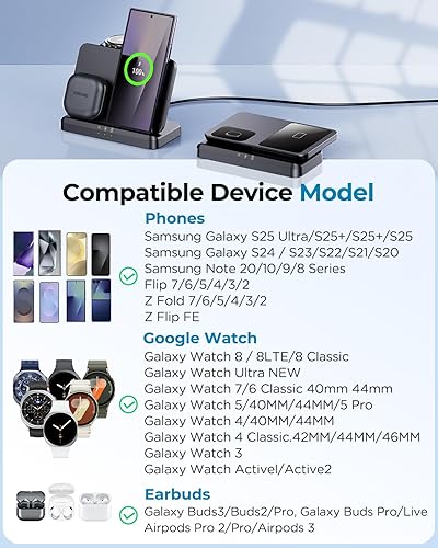 Miniatura 2 de EGV Cargador inalámbrico para Samsung - Estación de carga inalámbrica 3 en 1 para Galaxy S25 Ultra S24 S23, Z Fold Flip 76, cargador de reloj