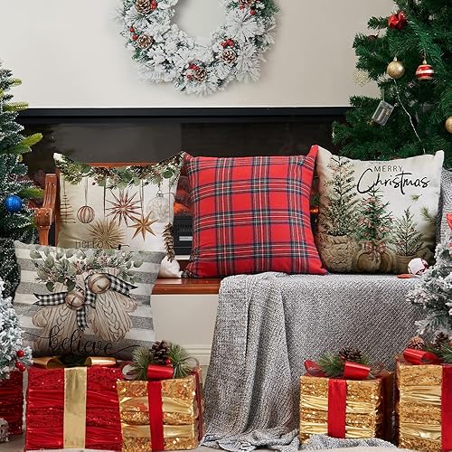 Miniatura 4 de DFXSZ Juego de 4 fundas de almohada de Navidad de 18 x 18 pulgadas, guantes de árbol de Navidad, fundas decorativas de invierno a rayas, decoración