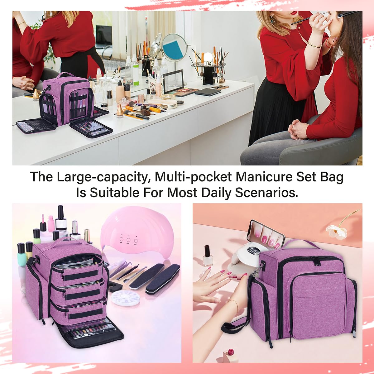 Estuche organizador de esmalte de uñas con capacidad para 90 botellas, caja de almacenamiento portátil de viaje con 3 bolsas desmontables, diseñada para herramientas de uñas de mujer, aceites