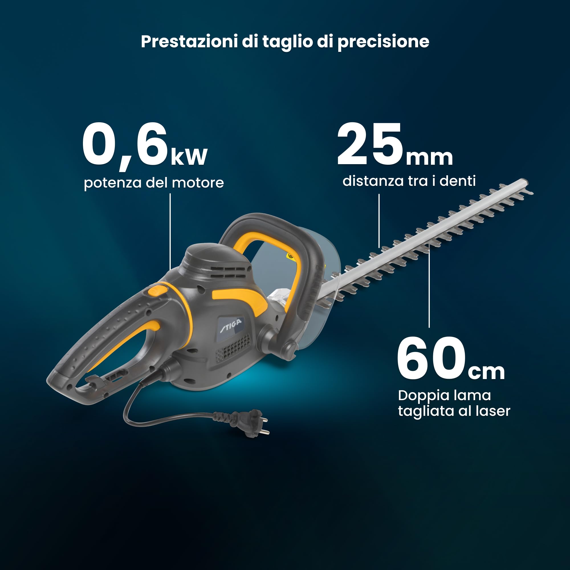 STIGA HT 106c Doppia Lama Tagliasiepi Elettrico, 600 W, Lama 60 cm – Impugnatura Rotante 180° (3 pos.) – Per Siepi Domestiche