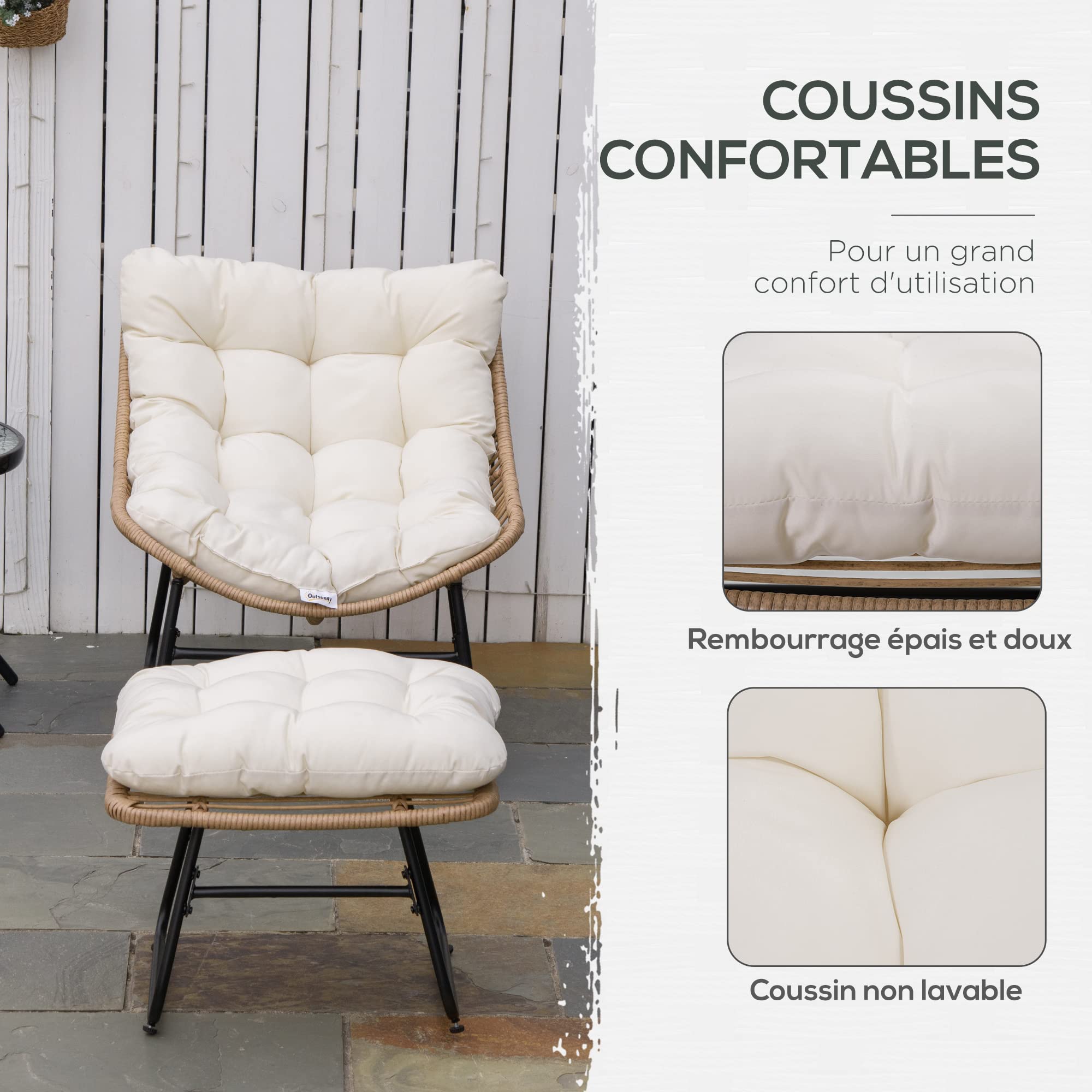 Outsunny Fauteuil Chaise de Jardin avec Coussins Moelleux Naturel