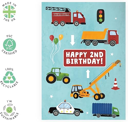 Miniatura 2 de CENTRAL 23 Tarjeta colorida de segundo cumpleaños para niños, feliz segundo cumpleaños, 2 años, 2 años, tarjeta de felicitación de camión y